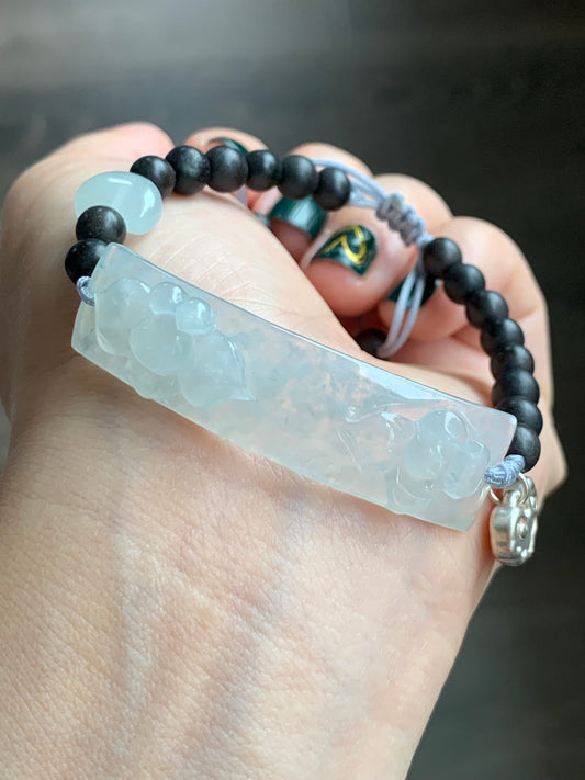 Certified Natural Burmese Icy Highly Translucent Jadeite Lotus Flower Black Agarwood Beaded Bracelet 6.5”-8” 天然缅甸冰胶白冰翡翠莲花手牌沉香木珠手串 0910