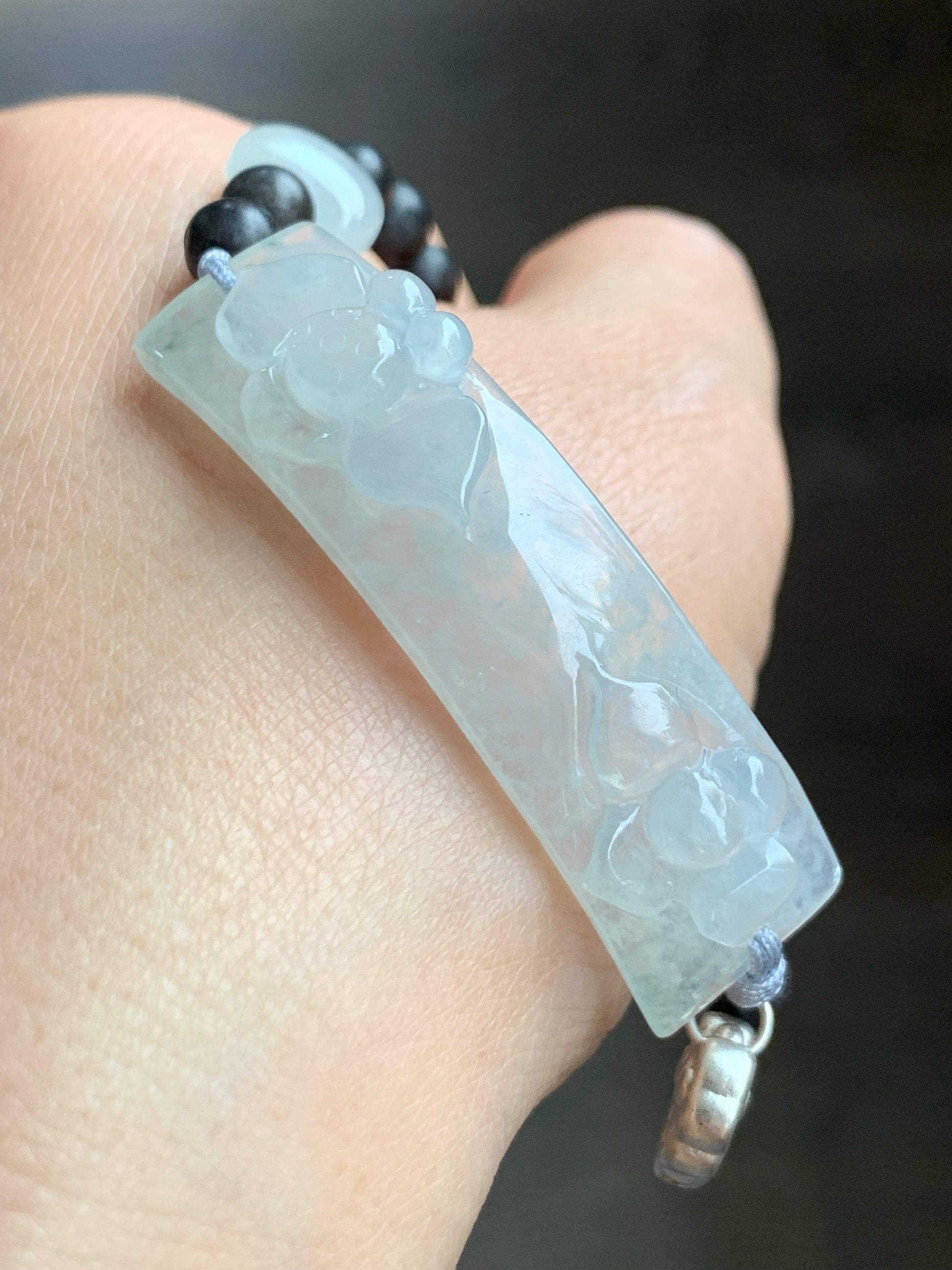 Certified Natural Burmese Icy Highly Translucent Jadeite Lotus Flower Black Agarwood Beaded Bracelet 6.5”-8” 天然缅甸冰胶白冰翡翠莲花手牌沉香木珠手串 0910