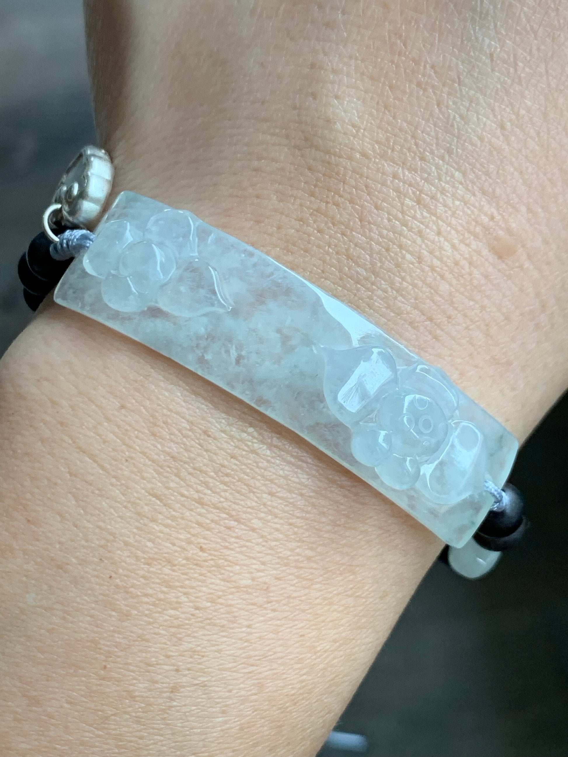 Certified Natural Burmese Icy Highly Translucent Jadeite Lotus Flower Black Agarwood Beaded Bracelet 6.5”-8” 天然缅甸冰胶白冰翡翠莲花手牌沉香木珠手串 0910
