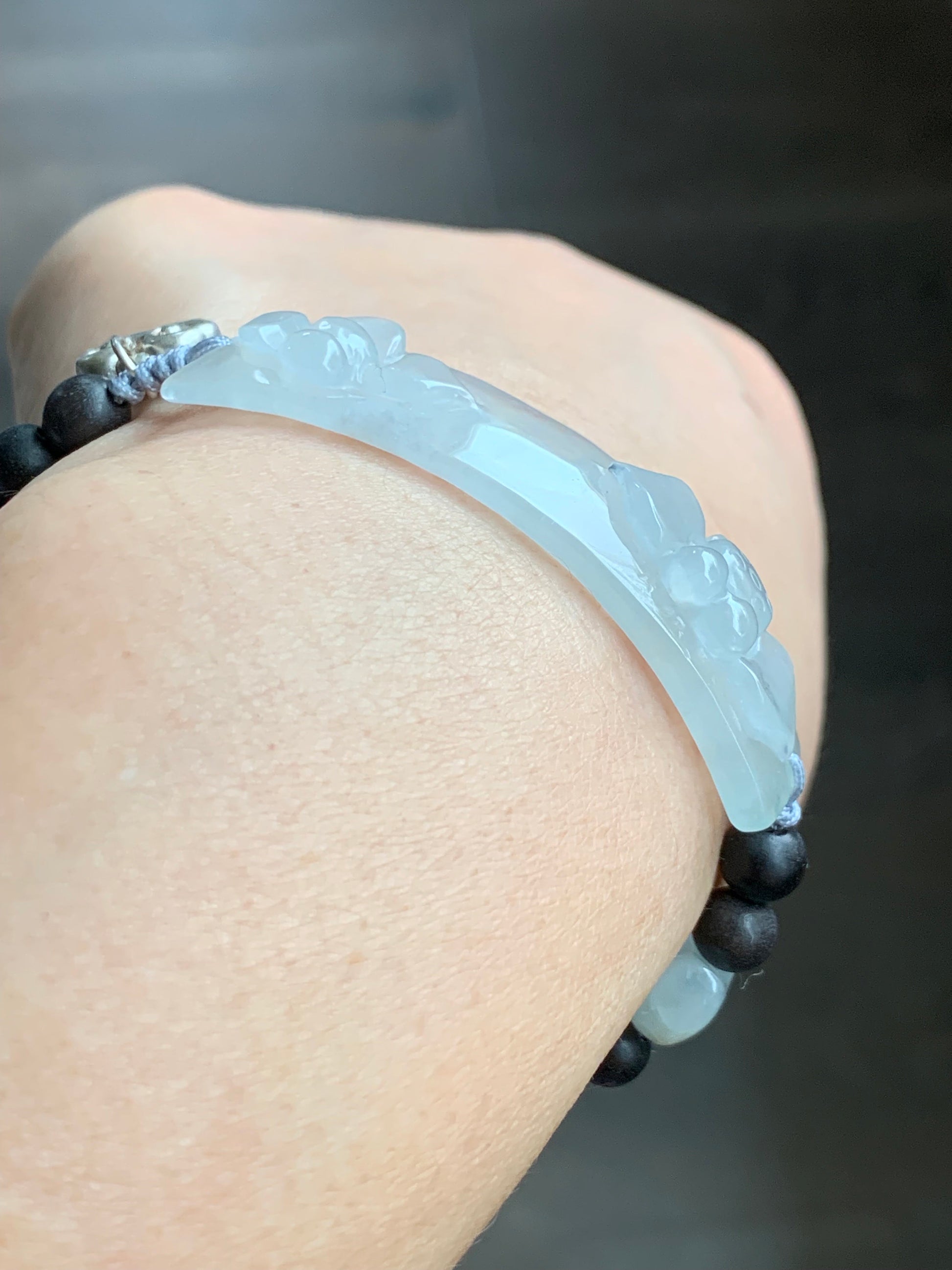 Certified Natural Burmese Icy Highly Translucent Jadeite Lotus Flower Black Agarwood Beaded Bracelet 6.5”-8” 天然缅甸冰胶白冰翡翠莲花手牌沉香木珠手串 0910