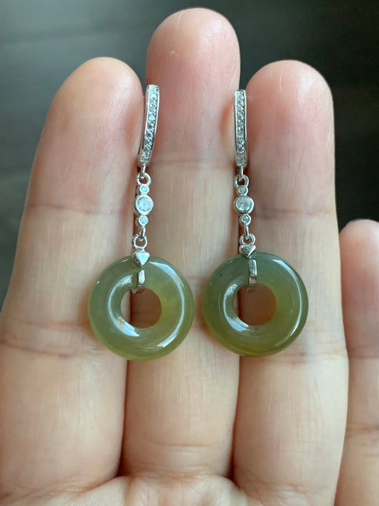 Natural Guatemalan Icy Translucent Yellow Jadeite Ping An Kou Donut Dangle Huggie Earrings Sterling Silver 天然冰危黄翡翠平安扣银耳包 S