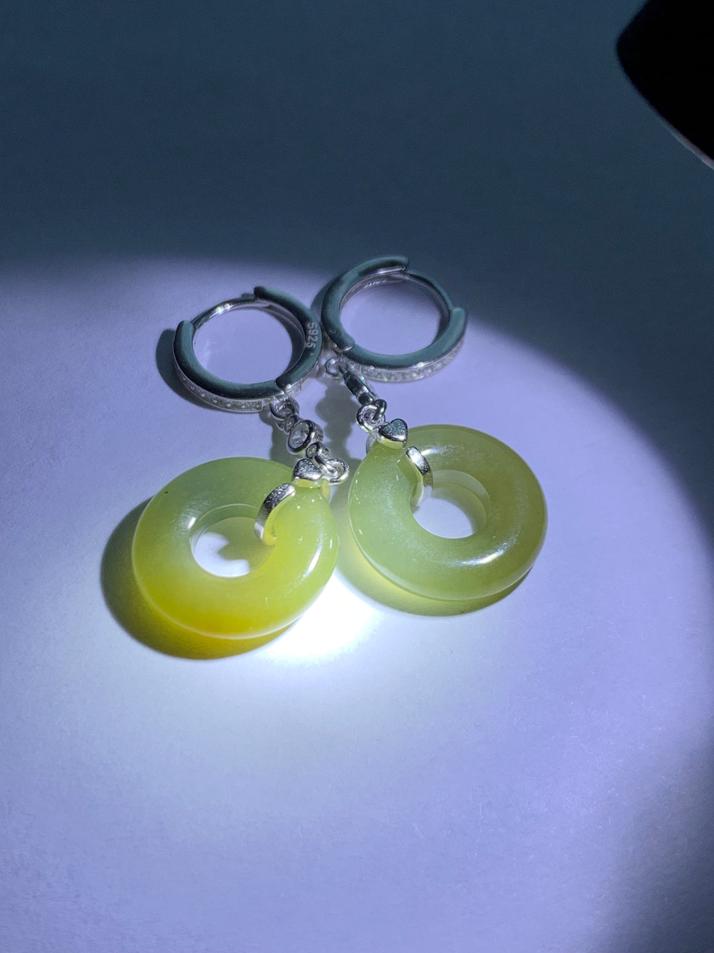 Natural Guatemalan Icy Translucent Yellow Jadeite Ping An Kou Donut Dangle Huggie Earrings Sterling Silver 天然冰危黄翡翠平安扣银耳包 S