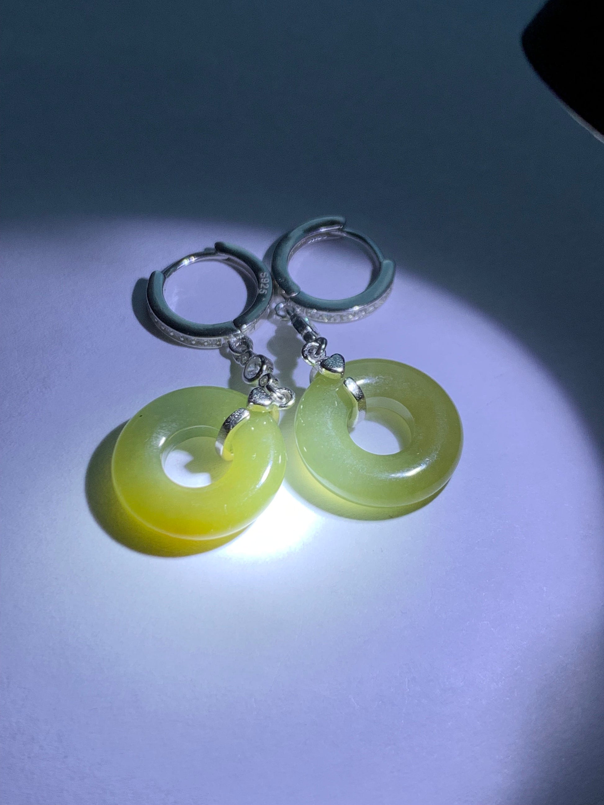 Natural Guatemalan Icy Translucent Yellow Jadeite Ping An Kou Donut Dangle Huggie Earrings Sterling Silver 天然冰危黄翡翠平安扣银耳包 S