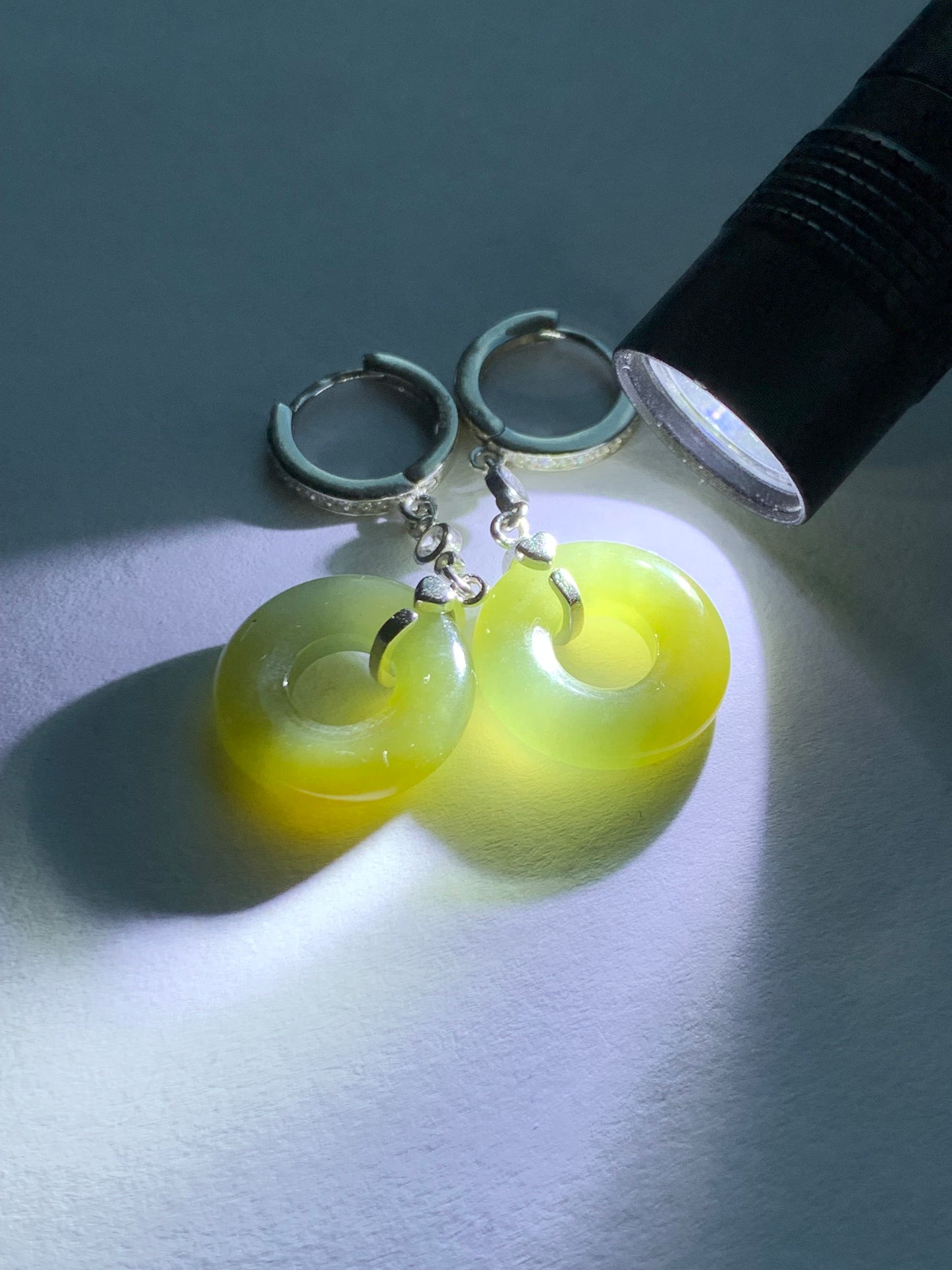 Natural Guatemalan Icy Translucent Yellow Jadeite Ping An Kou Donut Dangle Huggie Earrings Sterling Silver 天然冰危黄翡翠平安扣银耳包 S