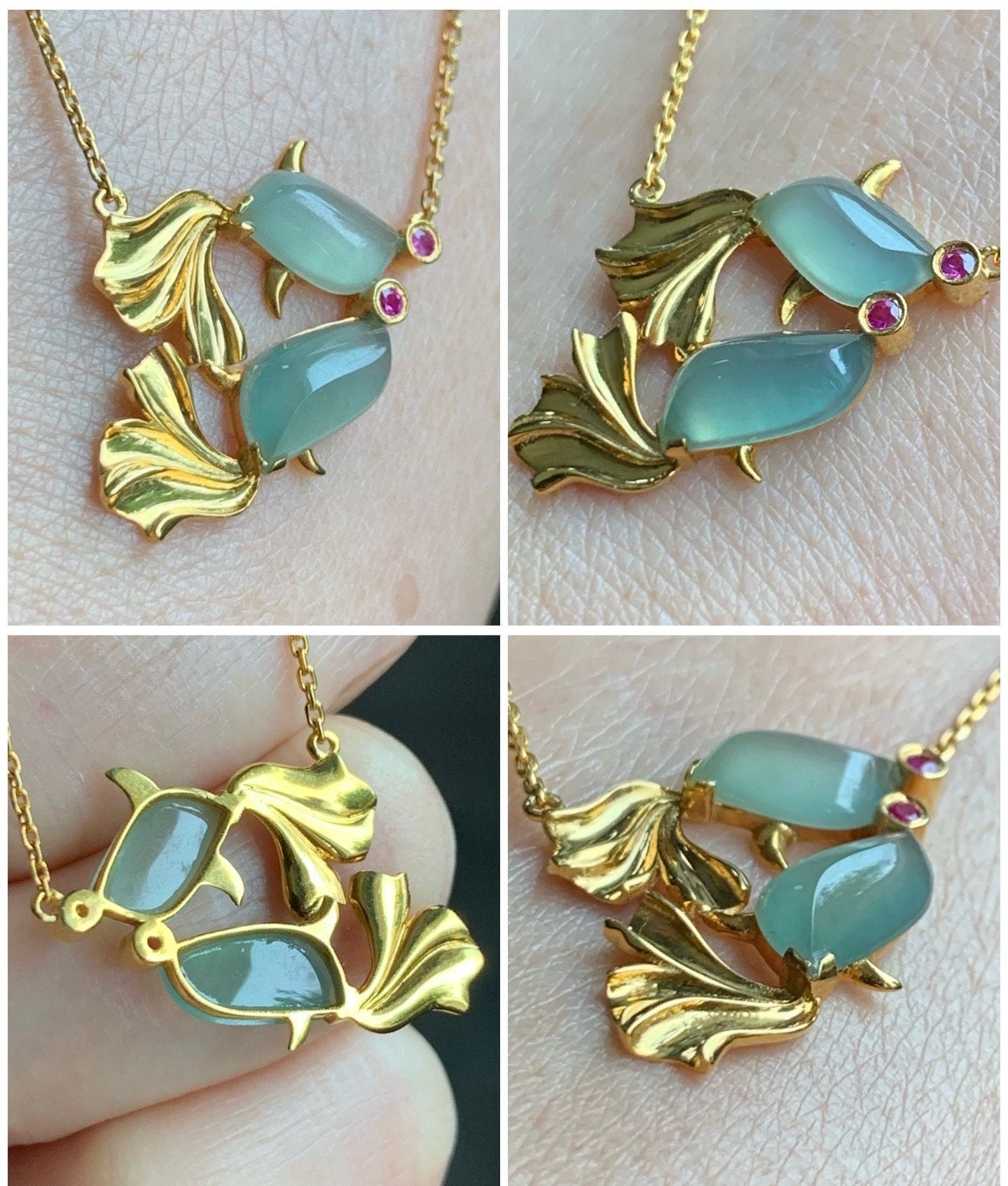 Certified Natural Burmese Highly Translucent Light Green Jadeite Double Fish Necklace 18K Yellow Gold & Ruby 天然缅甸正冰起晴底翡翠双鱼镶嵌锁骨链