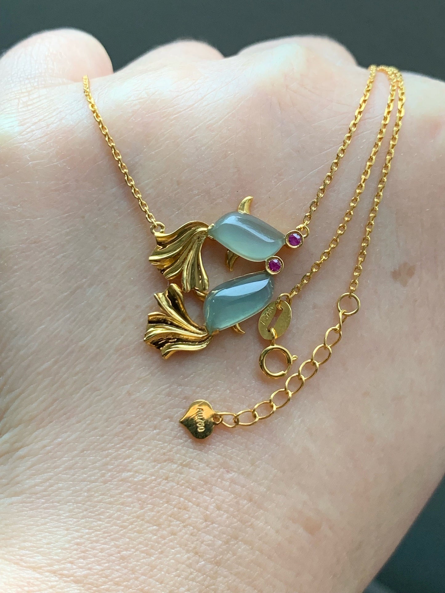 Certified Natural Burmese Highly Translucent Light Green Jadeite Double Fish Necklace 18K Yellow Gold & Ruby 天然缅甸正冰起晴底翡翠双鱼镶嵌锁骨链