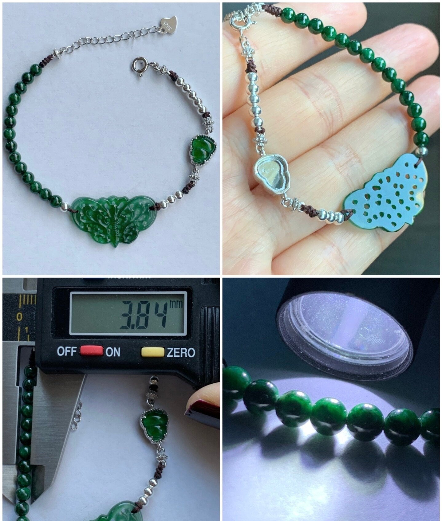 Natural Guatemalan Icy Vibrant Green Jadeite Butterfly & Gourd Burmese Green Jadeite Beaded Bracelet 7.25” S925 Silver 天然冰危绿翡翠蝴蝶葫芦缅甸花青翡翠银手链