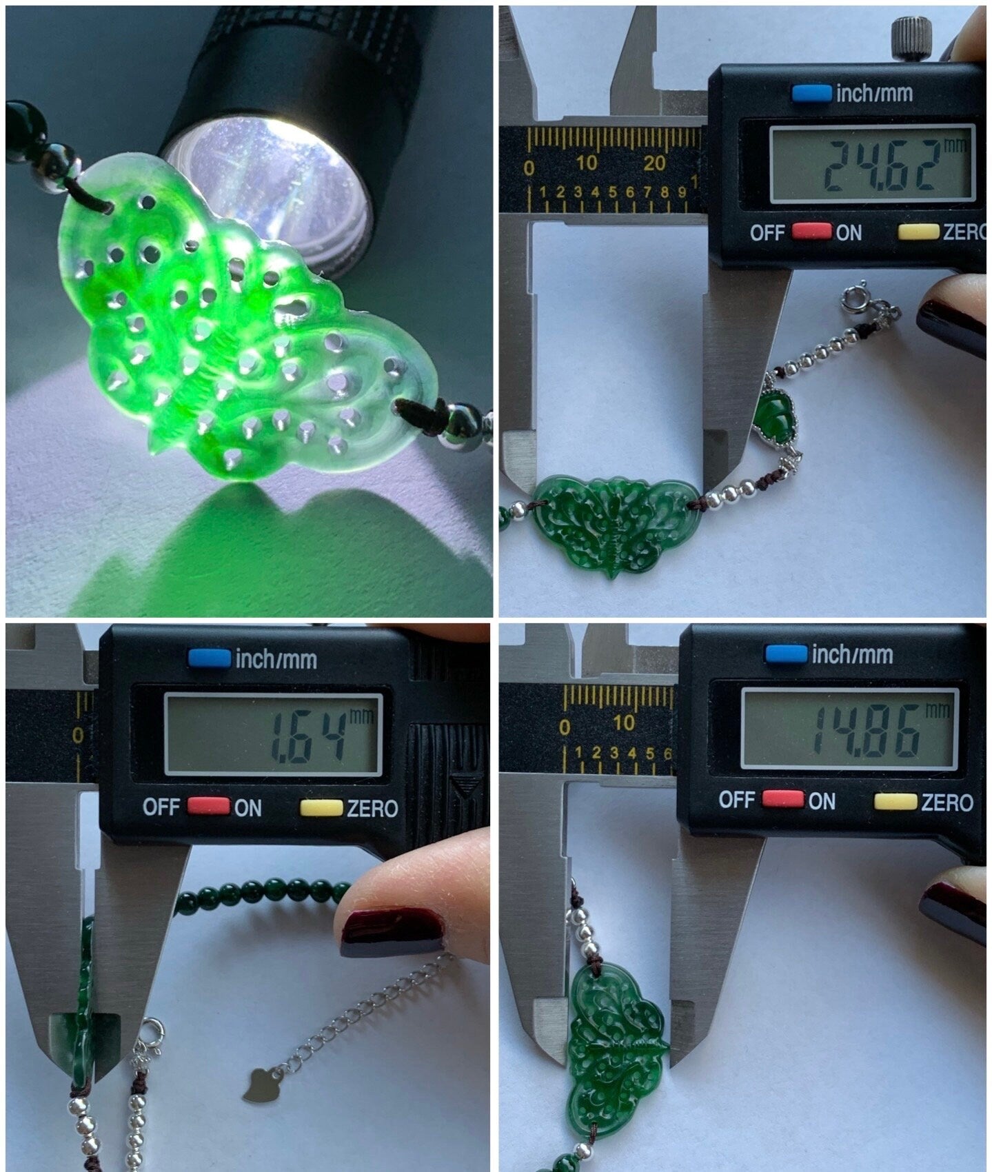 Natural Guatemalan Icy Vibrant Green Jadeite Butterfly & Gourd Burmese Green Jadeite Beaded Bracelet 7.25” S925 Silver 天然冰危绿翡翠蝴蝶葫芦缅甸花青翡翠银手链