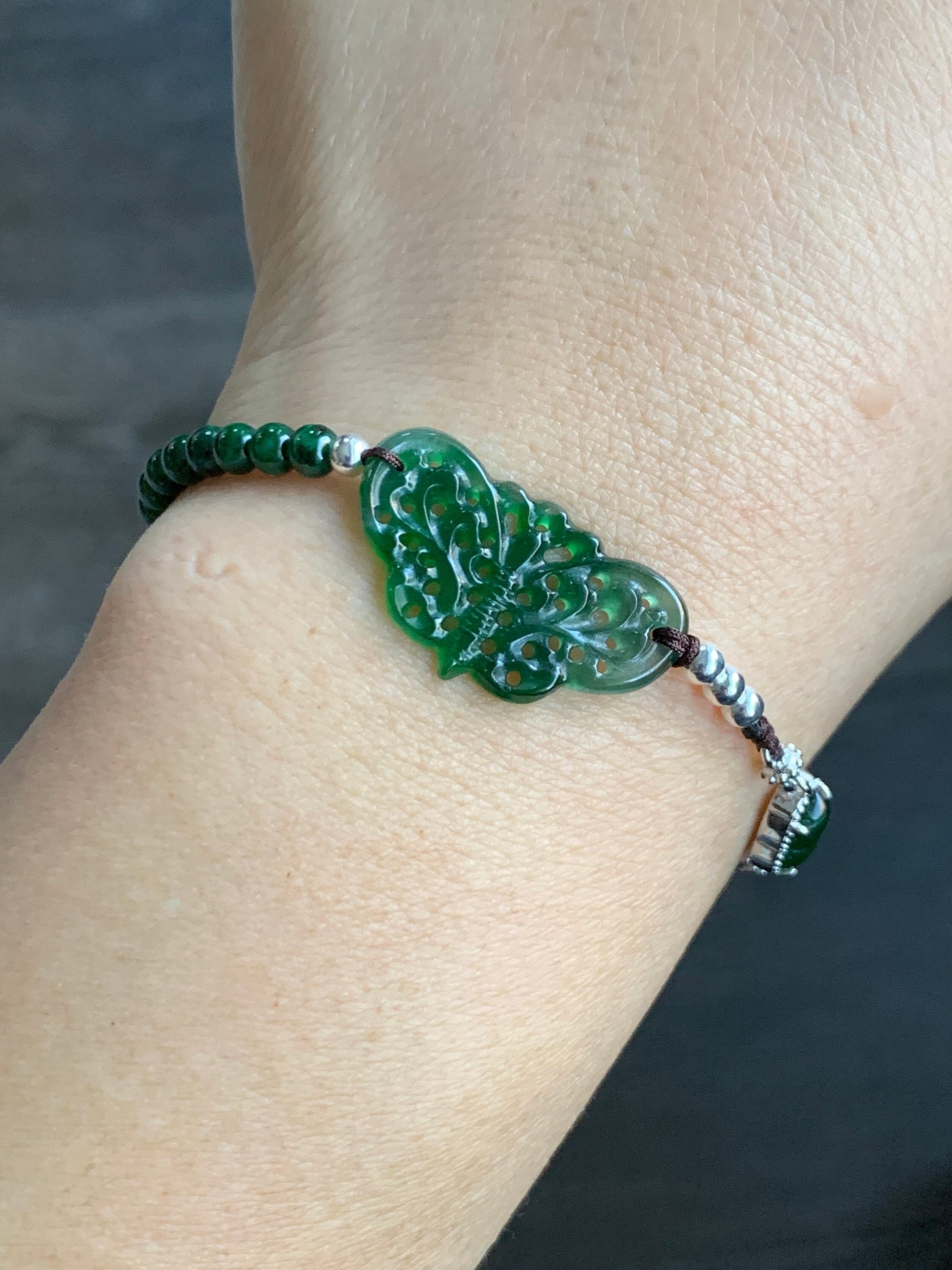 Natural Guatemalan Icy Vibrant Green Jadeite Butterfly & Gourd Burmese Green Jadeite Beaded Bracelet 7.25” S925 Silver 天然冰危绿翡翠蝴蝶葫芦缅甸花青翡翠银手链
