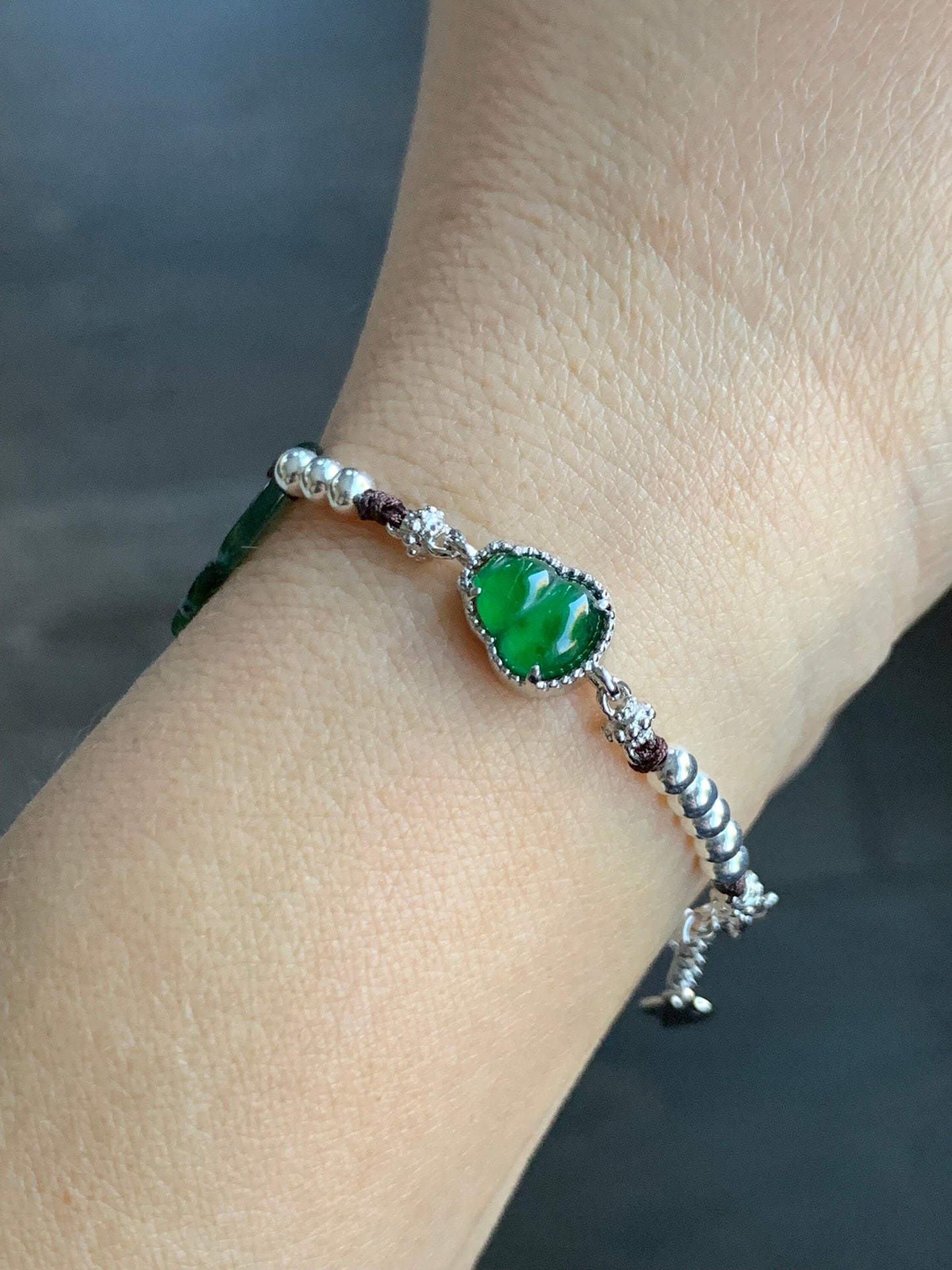 Natural Guatemalan Icy Vibrant Green Jadeite Butterfly & Gourd Burmese Green Jadeite Beaded Bracelet 7.25” S925 Silver 天然冰危绿翡翠蝴蝶葫芦缅甸花青翡翠银手链