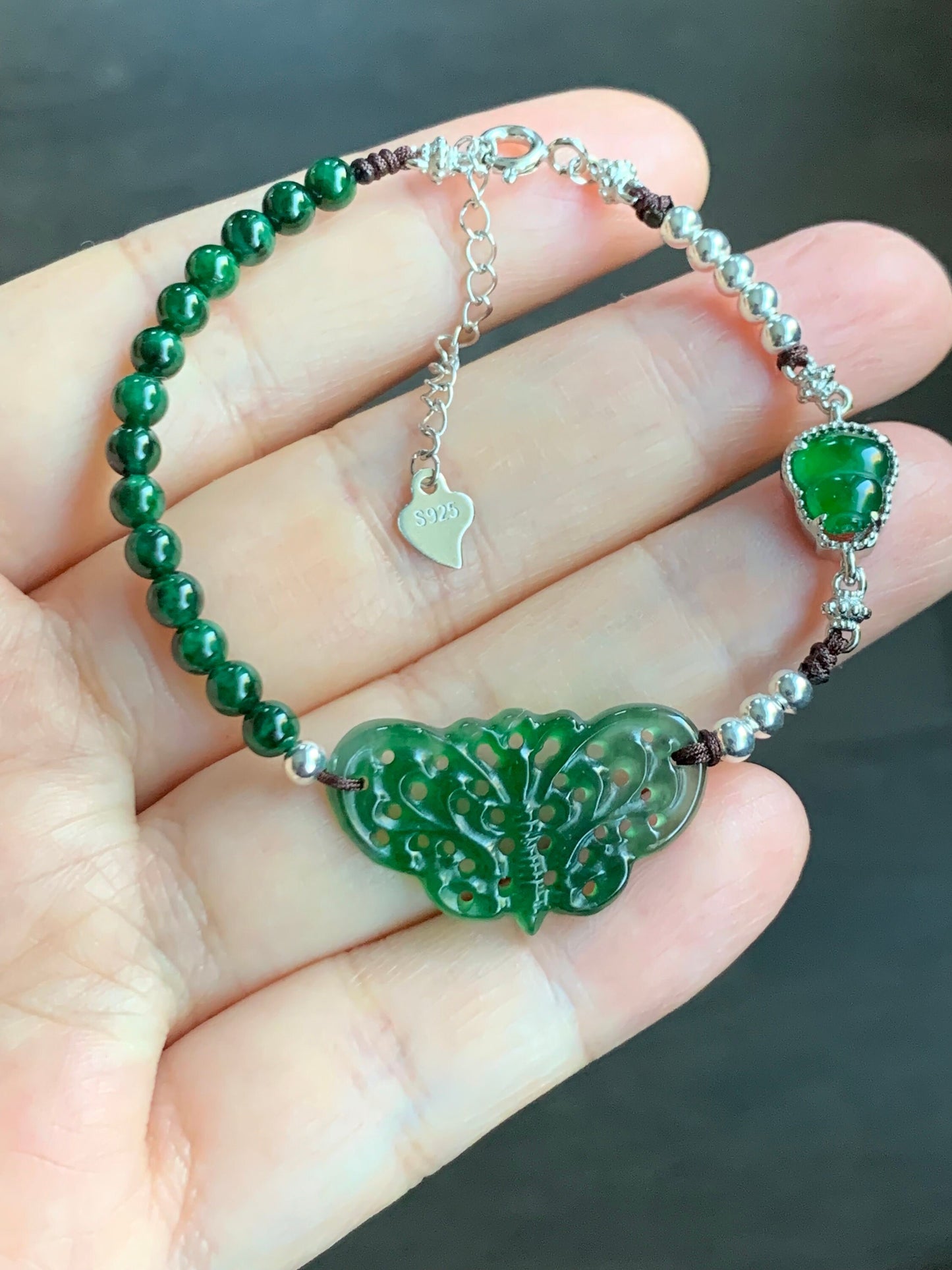 Natural Guatemalan Icy Vibrant Green Jadeite Butterfly & Gourd Burmese Green Jadeite Beaded Bracelet 7.25” S925 Silver 天然冰危绿翡翠蝴蝶葫芦缅甸花青翡翠银手链