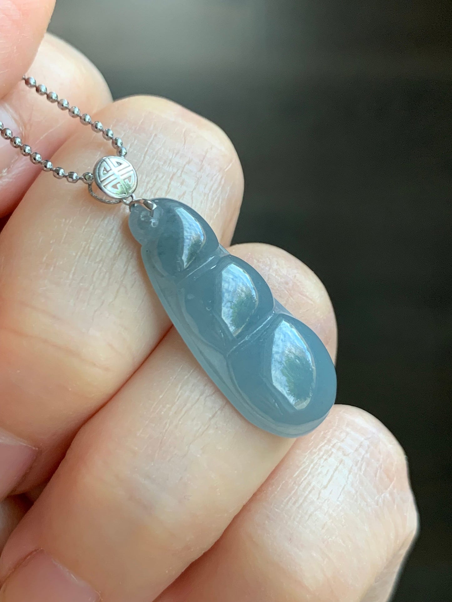 Natural Guatemalan Icy Translucent Light Dusty Blue Jadeite Peapod Pendant 18K White Gold 天然冰危蓝翡翠福豆吊坠 BTH113 B