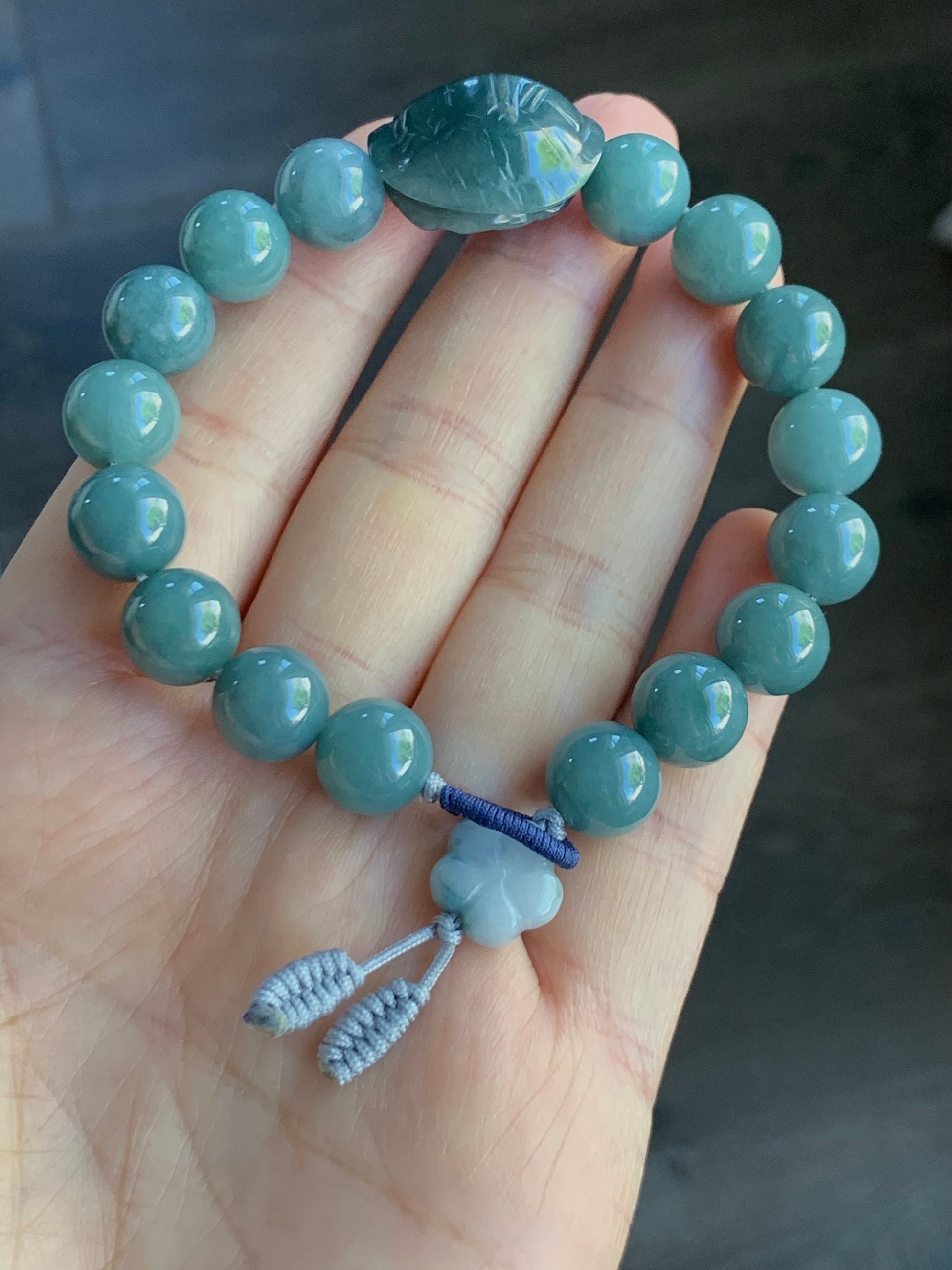 Natural Guatemalan Icy Translucent Dark Teal Blue Jadeite Turtle Shell Charm Dusty Blue Beaded Bracelet 9.9mm 7” 35g 天然糯冰危蓝水翡翠富甲手串 WLF1118