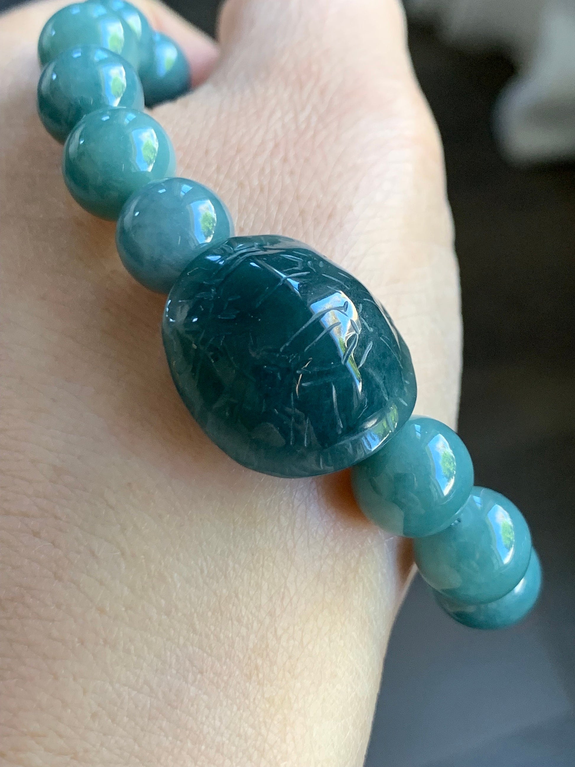 Natural Guatemalan Icy Translucent Dark Teal Blue Jadeite Turtle Shell Charm Dusty Blue Beaded Bracelet 9.9mm 7” 35g 天然糯冰危蓝水翡翠富甲手串 WLF1118