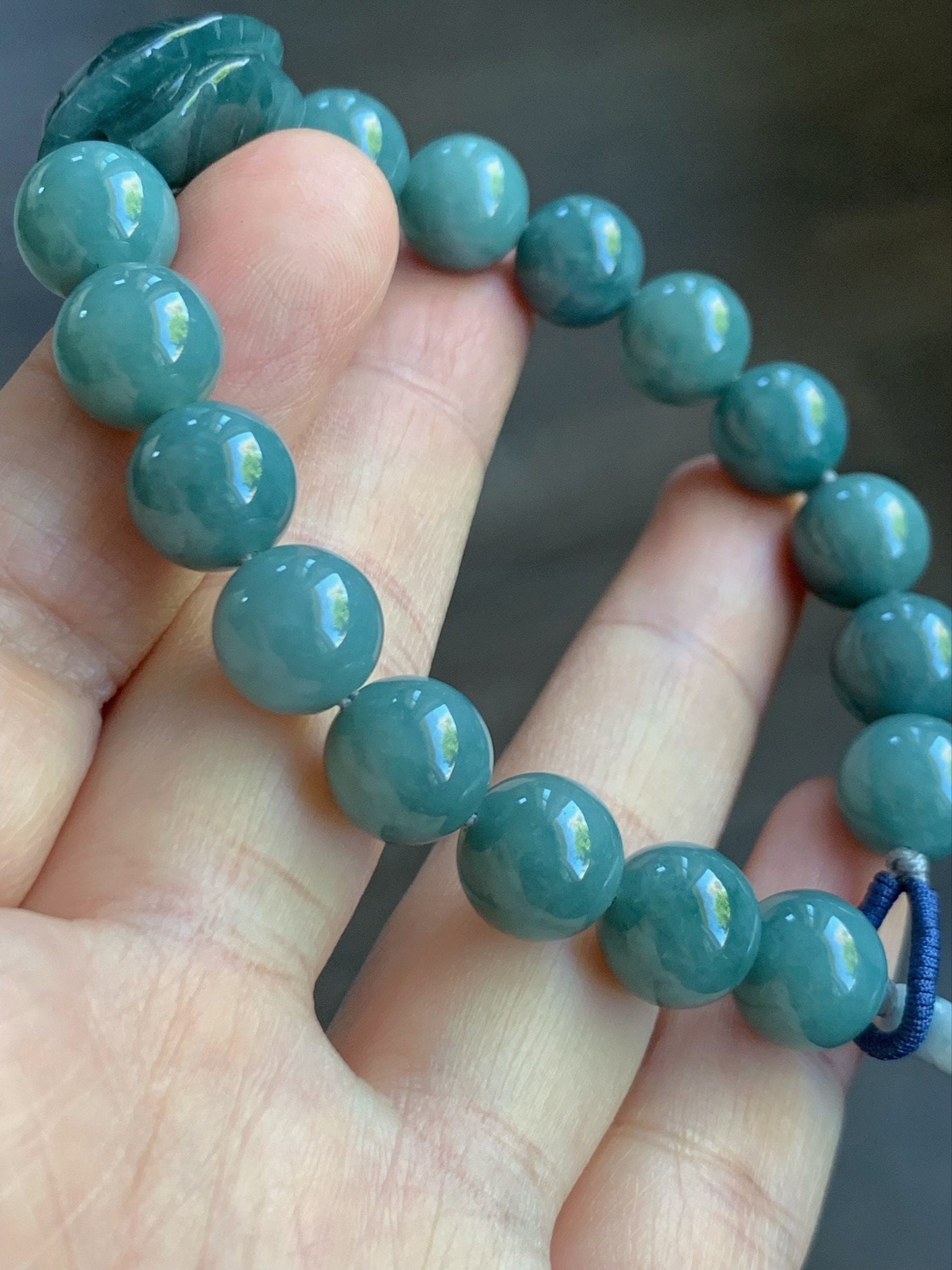 Natural Guatemalan Icy Translucent Dark Teal Blue Jadeite Turtle Shell Charm Dusty Blue Beaded Bracelet 9.9mm 7” 35g 天然糯冰危蓝水翡翠富甲手串 WLF1118