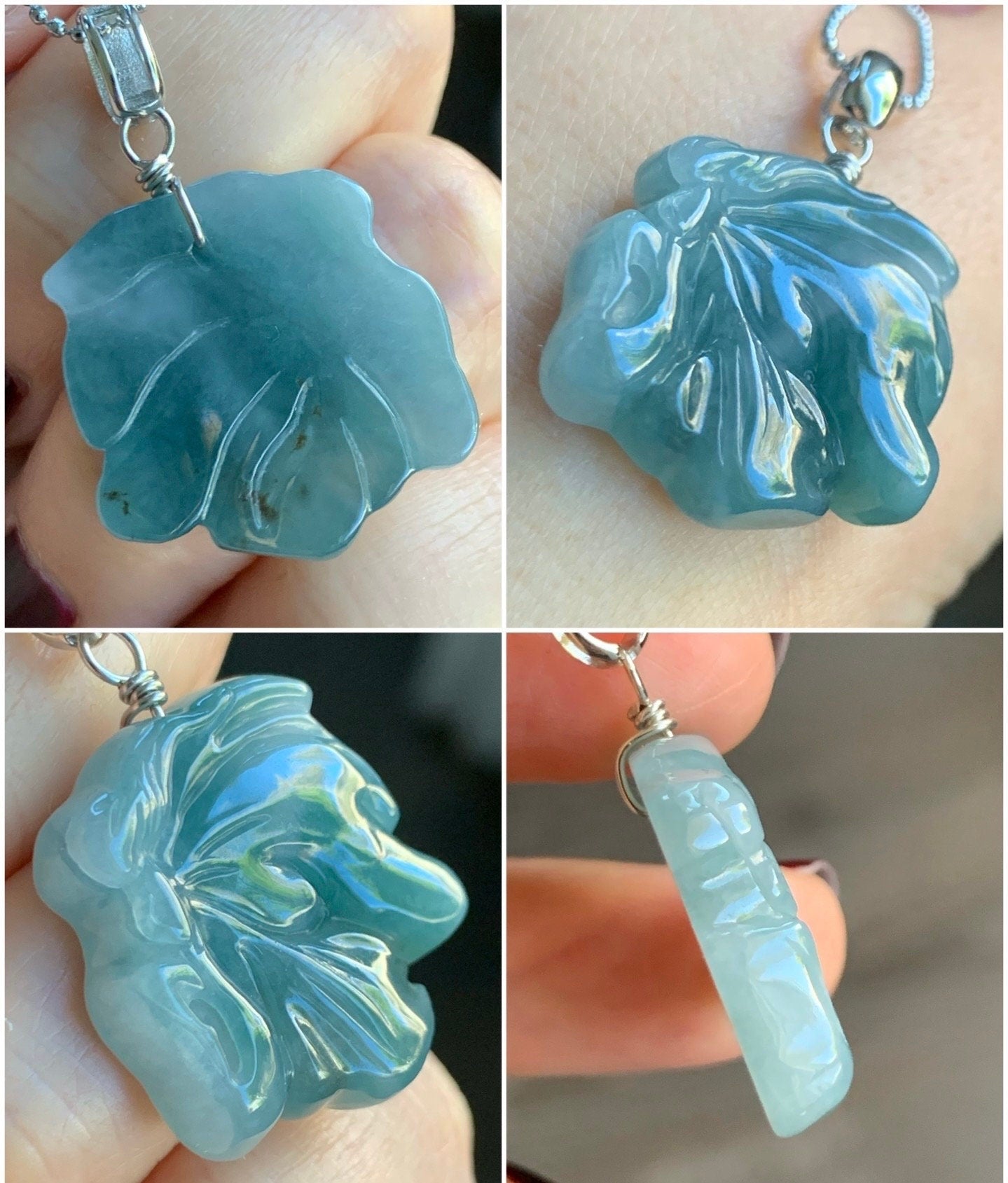 Natural Guatemalan Icy Translucent Teal Blue Jadeite w/ Light Blue Marbling Carved Butterfly Fairy Pendant Sterling Silver 天然冰危蓝飘花翡翠蝴蝶仙子吊坠