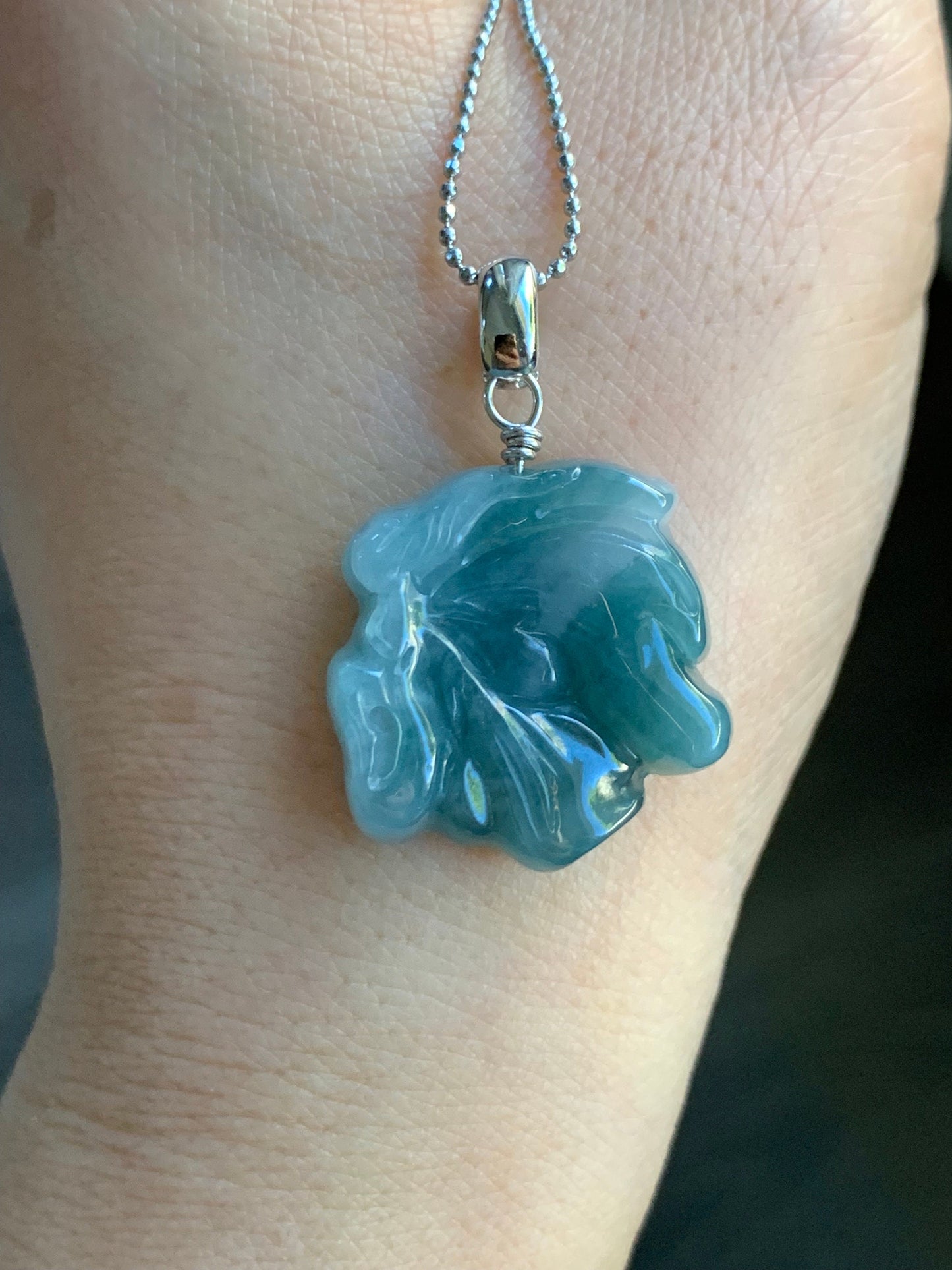 Natural Guatemalan Icy Translucent Teal Blue Jadeite w/ Light Blue Marbling Carved Butterfly Fairy Pendant Sterling Silver 天然冰危蓝飘花翡翠蝴蝶仙子吊坠