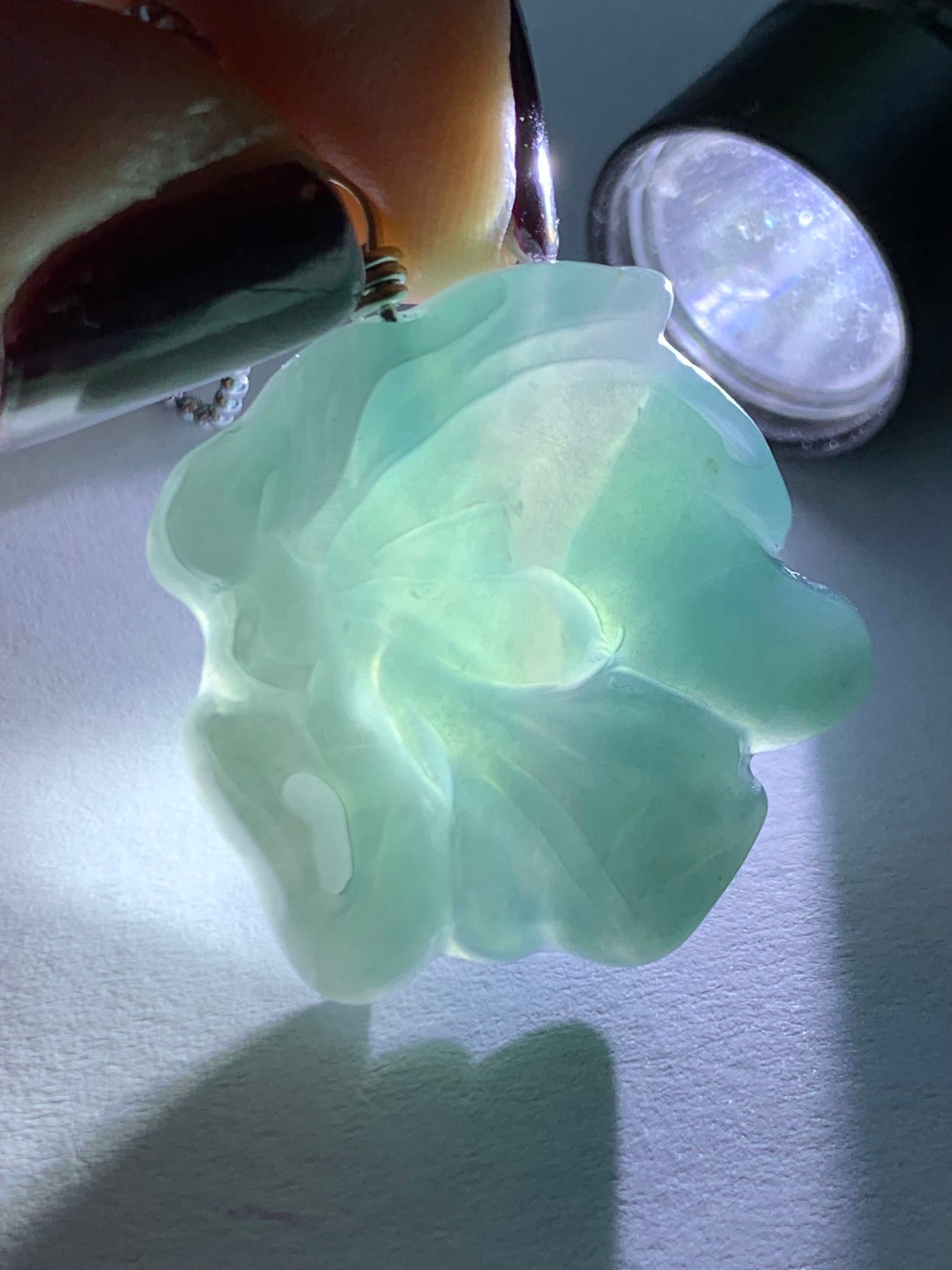 Natural Guatemalan Icy Translucent Teal Blue Jadeite w/ Light Blue Marbling Carved Butterfly Fairy Pendant Sterling Silver 天然冰危蓝飘花翡翠蝴蝶仙子吊坠