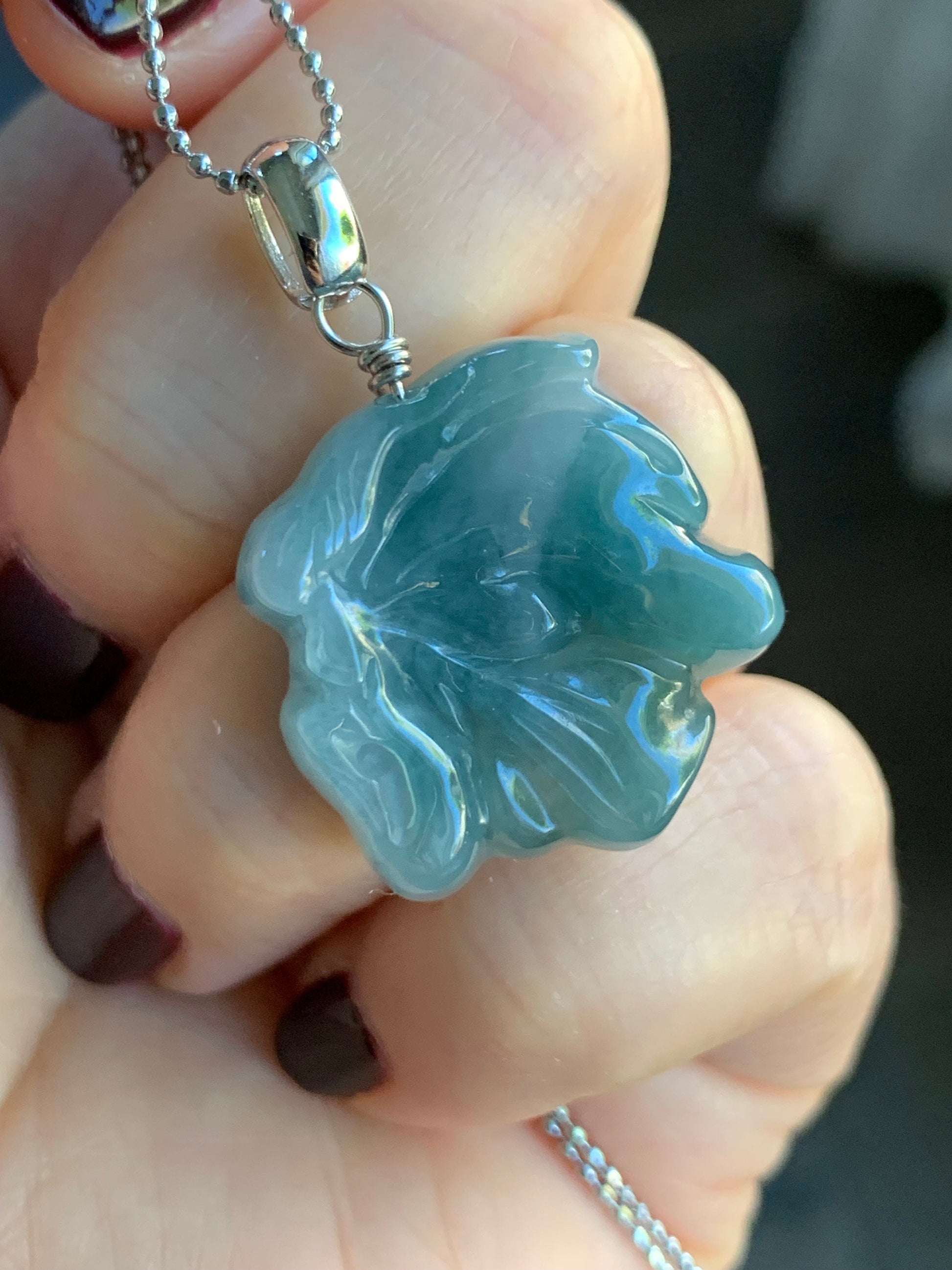 Natural Guatemalan Icy Translucent Teal Blue Jadeite w/ Light Blue Marbling Carved Butterfly Fairy Pendant Sterling Silver 天然冰危蓝飘花翡翠蝴蝶仙子吊坠