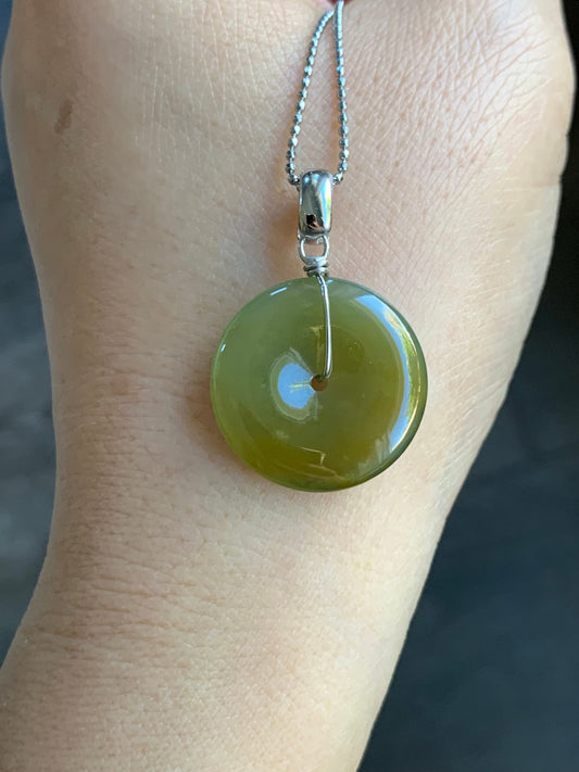 Natural Guatemalan Icy Highly Translucent Dark Yellow Jadeite Ping An Kou Donut Pendant S925 Sterling Silver 天然冰透危黄翡平安扣吊坠