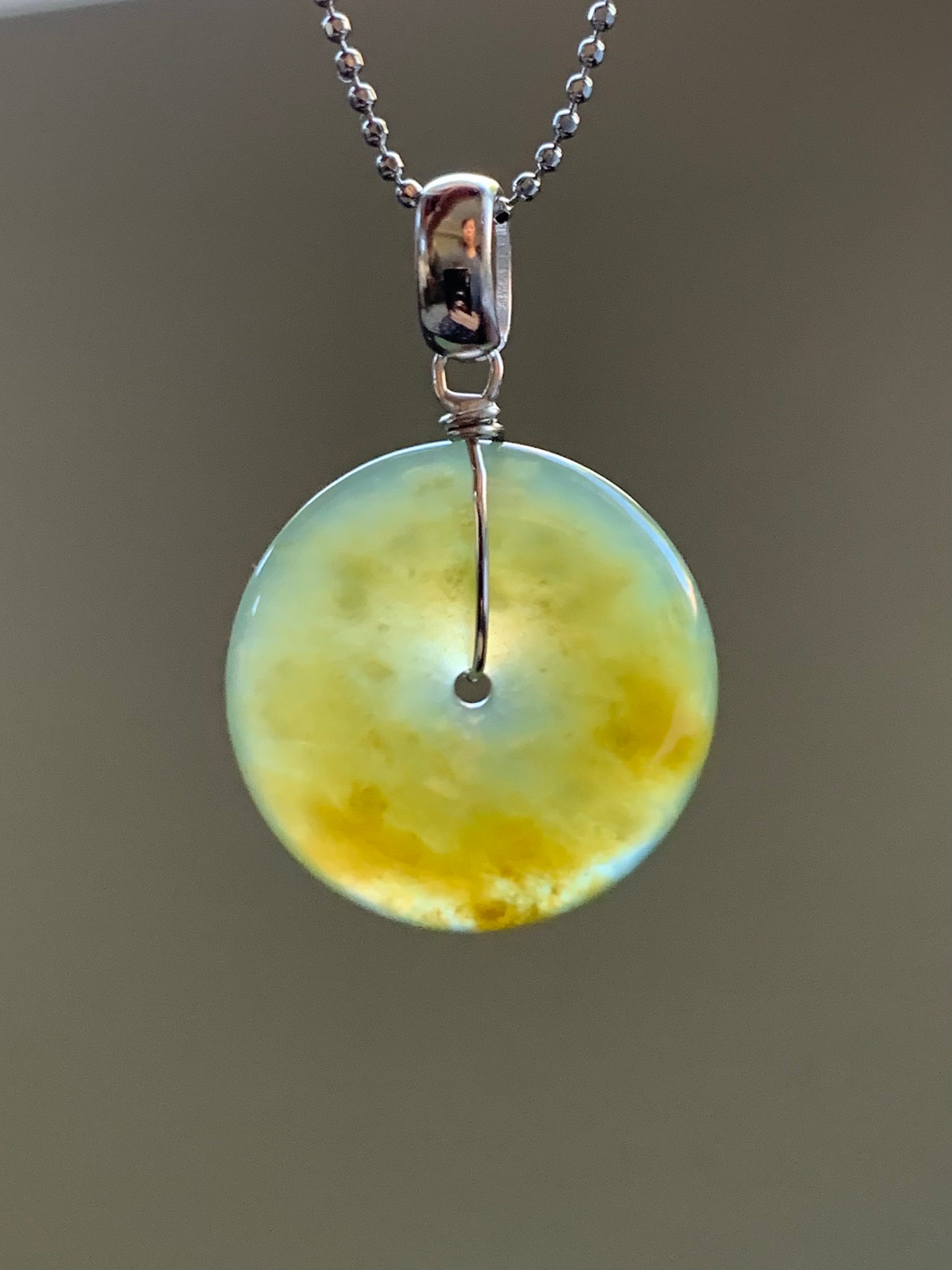 Natural Guatemalan Icy Highly Translucent Dark Yellow Jadeite Ping An Kou Donut Pendant S925 Sterling Silver 天然冰透危黄翡平安扣吊坠