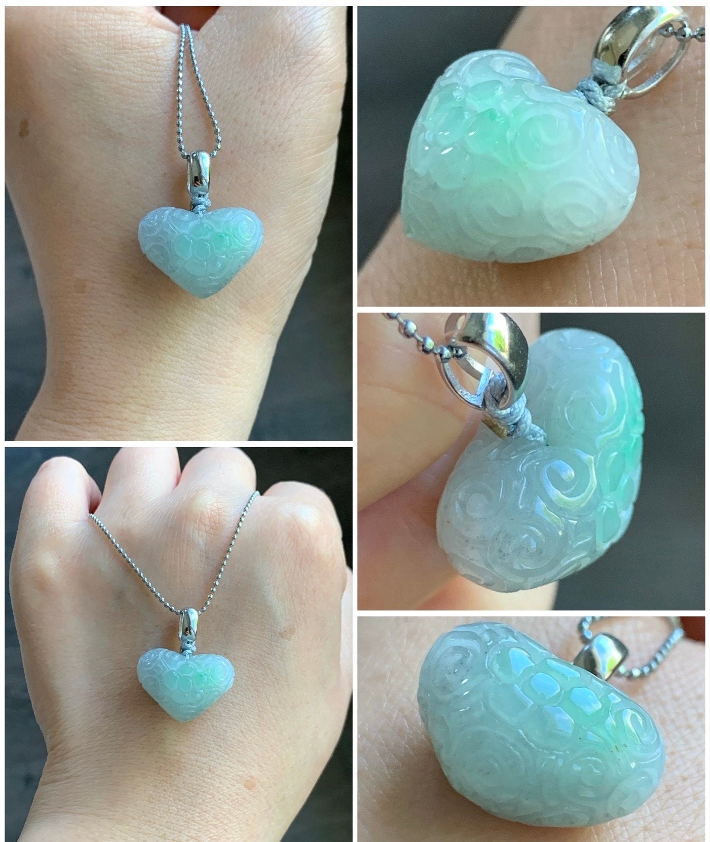 Natural Burmese Icy Translucent Gelatinous Wuji Marbled Jadeite Retro Engraved Heart Pendant S925 Sterling Silver Pendant 天然缅甸冰胶乌鸡翡翠仿古雕爱心吊坠