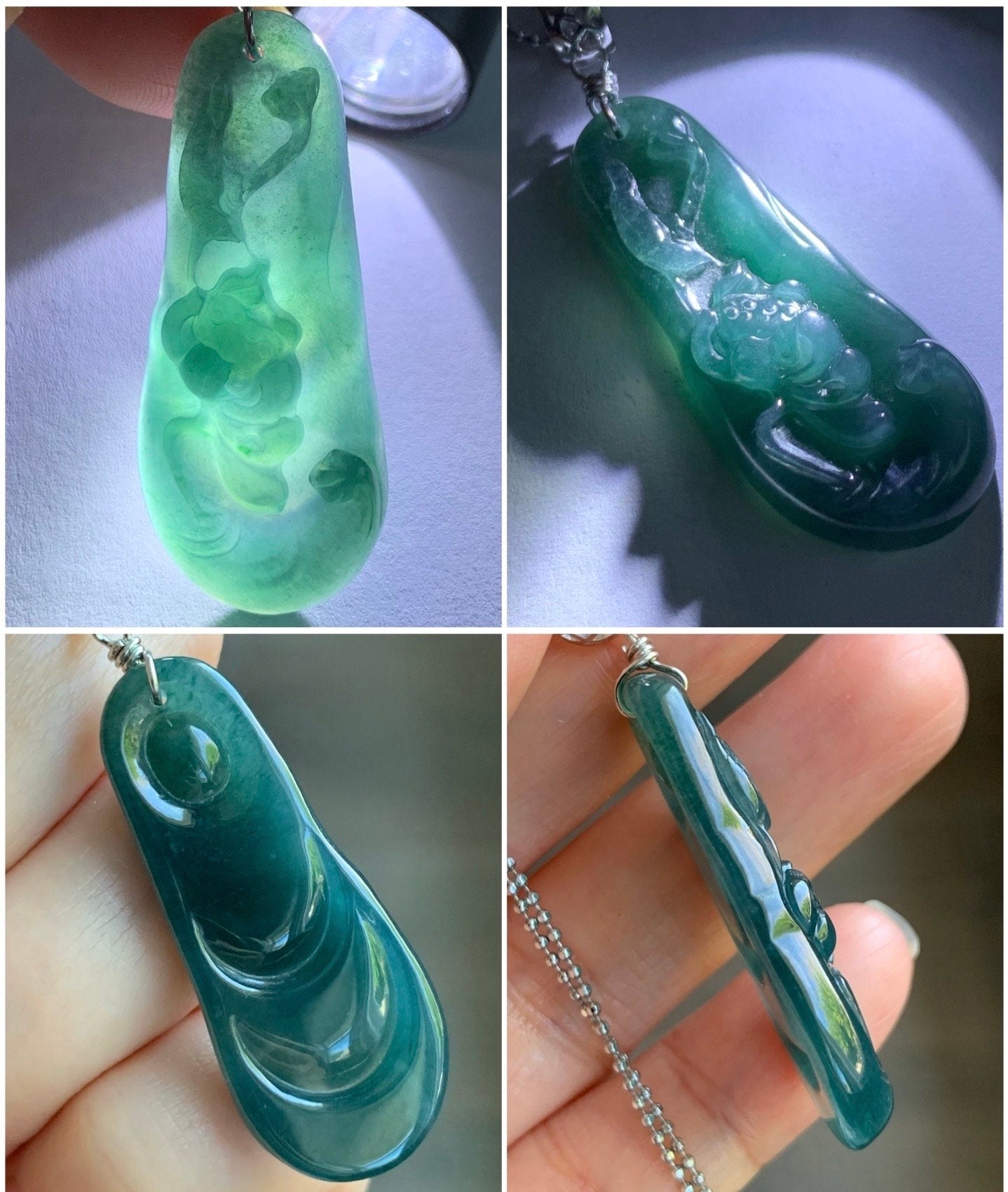 Natural Guatemalan Icy Translucent Deep Teal Blue Jadeite Carved Lotus Flower Pendant Sterling Silver Bail 6g 天然冰危湖水蓝翡翠荷花吊坠 WLH113