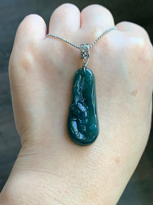 Natural Guatemalan Icy Translucent Deep Teal Blue Jadeite Carved Lotus Flower Pendant Sterling Silver Bail 6g 天然冰危湖水蓝翡翠荷花吊坠 WLH113