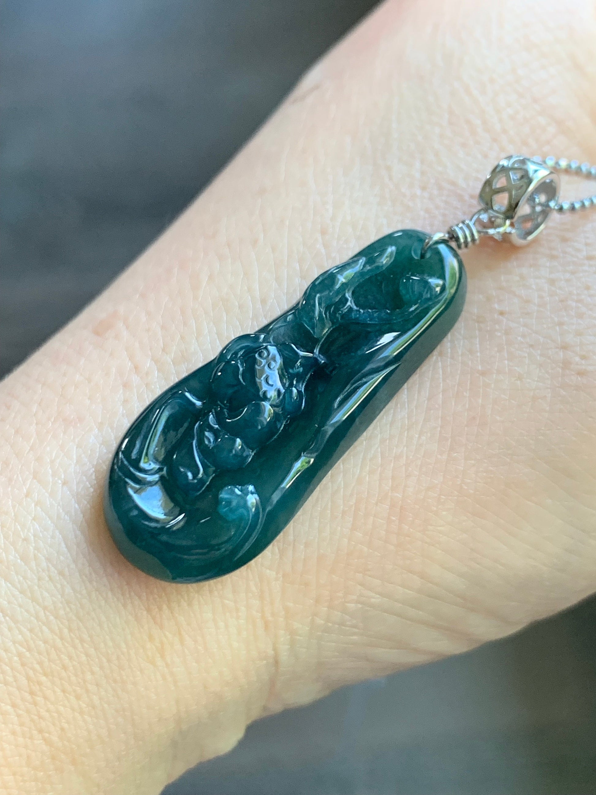 Natural Guatemalan Icy Translucent Deep Teal Blue Jadeite Carved Lotus Flower Pendant Sterling Silver Bail 6g 天然冰危湖水蓝翡翠荷花吊坠 WLH113