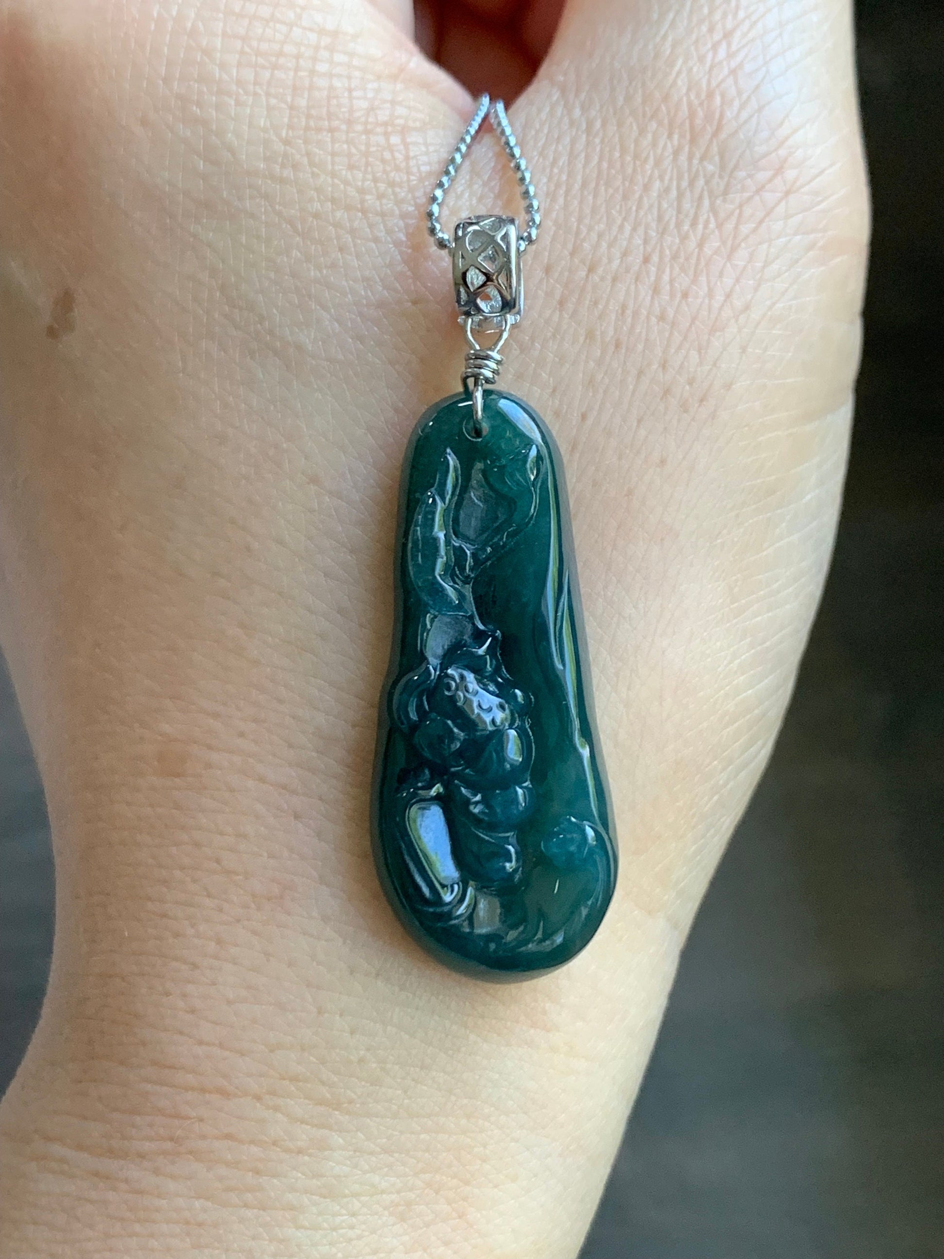 Natural Guatemalan Icy Translucent Deep Teal Blue Jadeite Carved Lotus Flower Pendant Sterling Silver Bail 6g 天然冰危湖水蓝翡翠荷花吊坠 WLH113