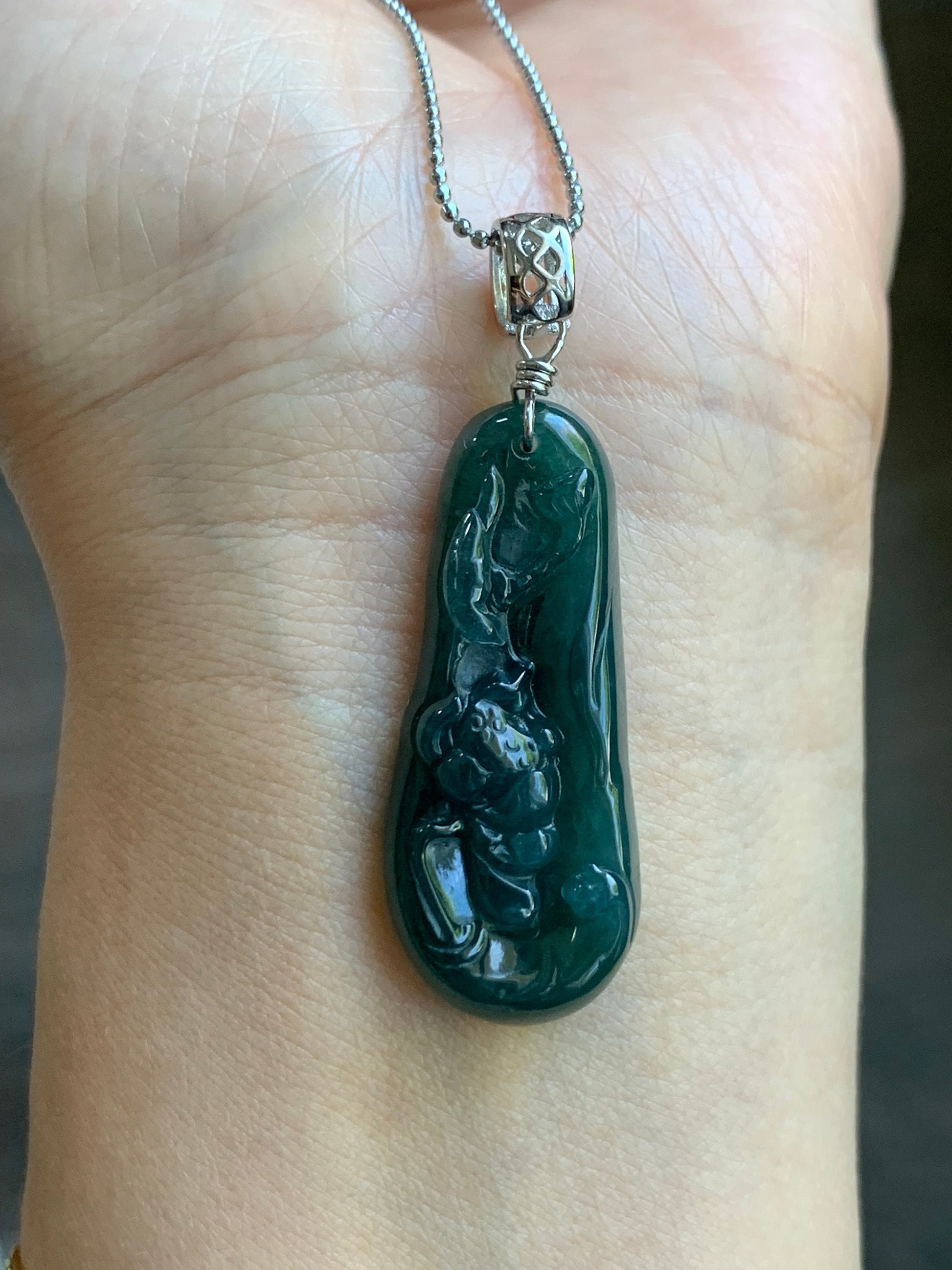 Natural Guatemalan Icy Translucent Deep Teal Blue Jadeite Carved Lotus Flower Pendant Sterling Silver Bail 6g 天然冰危湖水蓝翡翠荷花吊坠 WLH113