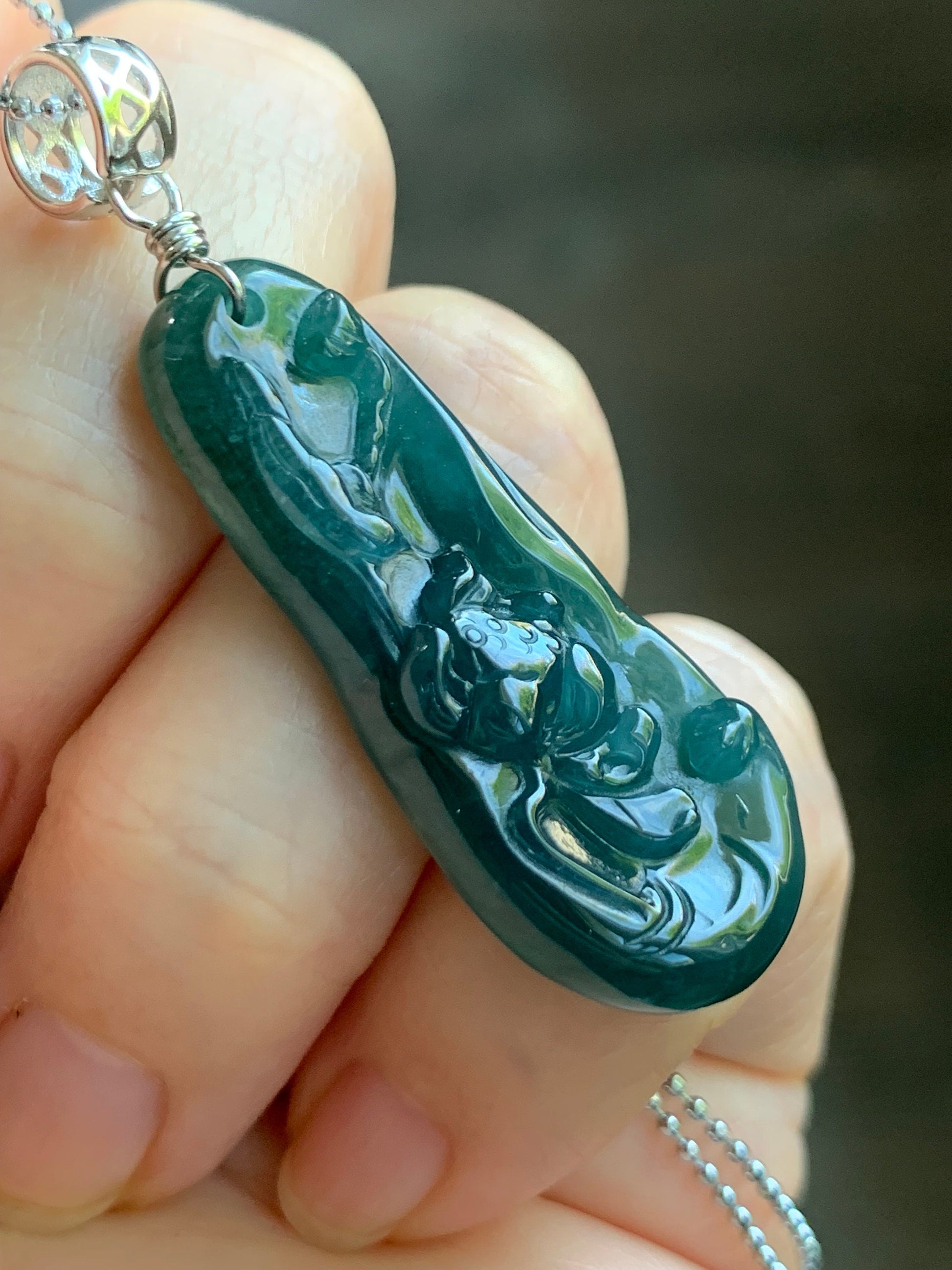 Natural Guatemalan Icy Translucent Deep Teal Blue Jadeite Carved Lotus Flower Pendant Sterling Silver Bail 6g 天然冰危湖水蓝翡翠荷花吊坠 WLH113