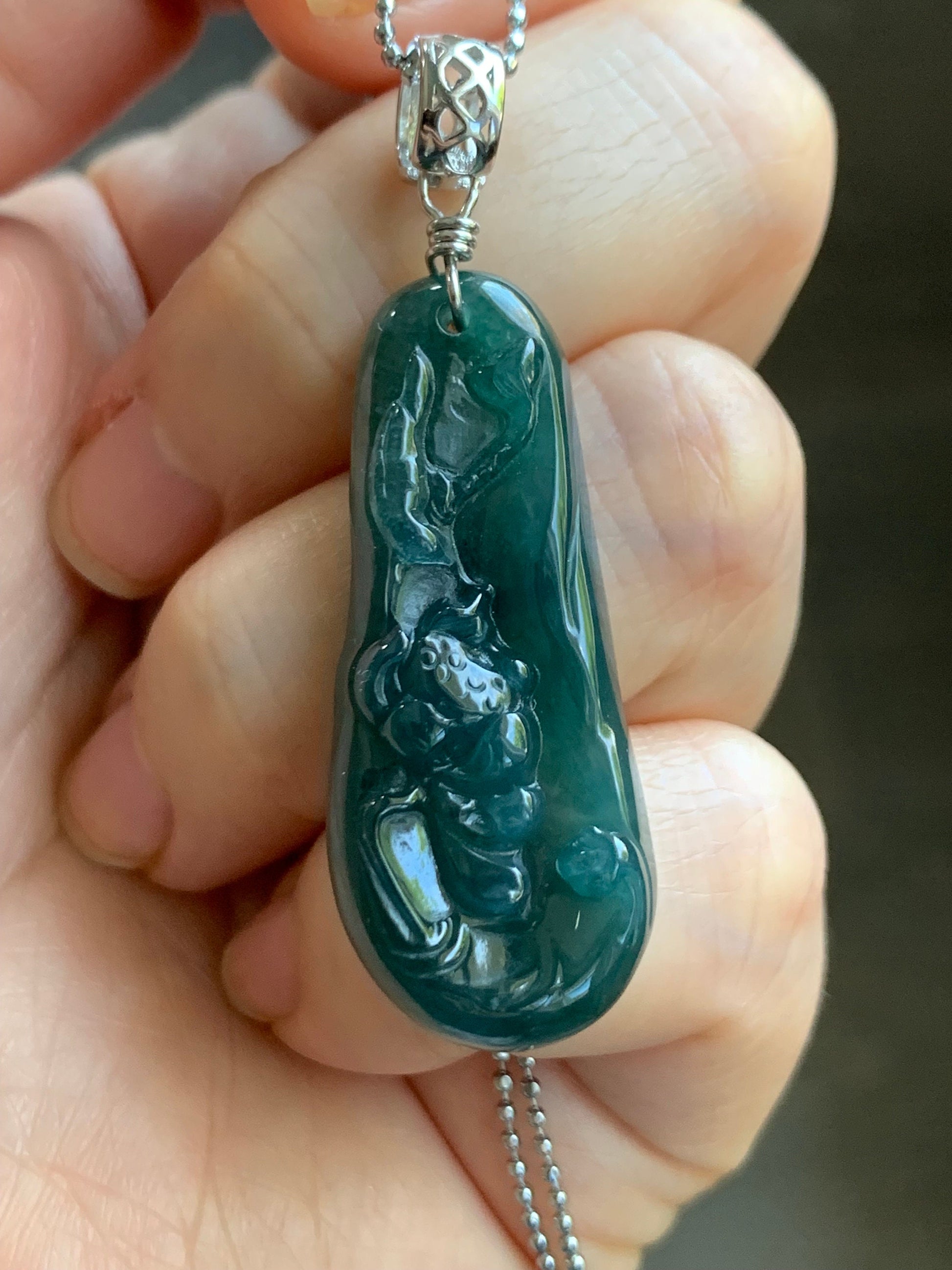 Natural Guatemalan Icy Translucent Deep Teal Blue Jadeite Carved Lotus Flower Pendant Sterling Silver Bail 6g 天然冰危湖水蓝翡翠荷花吊坠 WLH113
