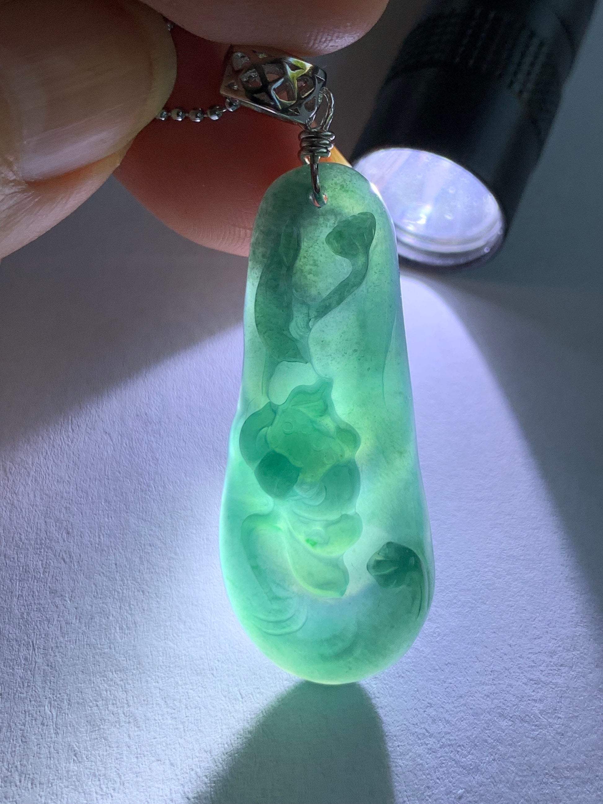 Natural Guatemalan Icy Translucent Deep Teal Blue Jadeite Carved Lotus Flower Pendant Sterling Silver Bail 6g 天然冰危湖水蓝翡翠荷花吊坠 WLH113