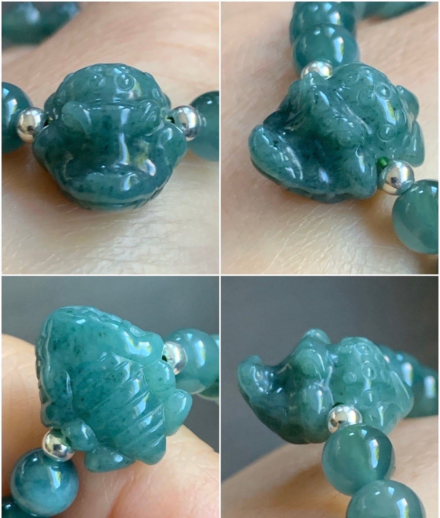 Natural Guatemalan Icy Translucent Dark Teal Blue Jadeite Carved Crocodile Charm Beaded Bracelet 6.75” Sterling Silver 天然冰危蓝水翡翠鳄鱼宝宝圆珠手串