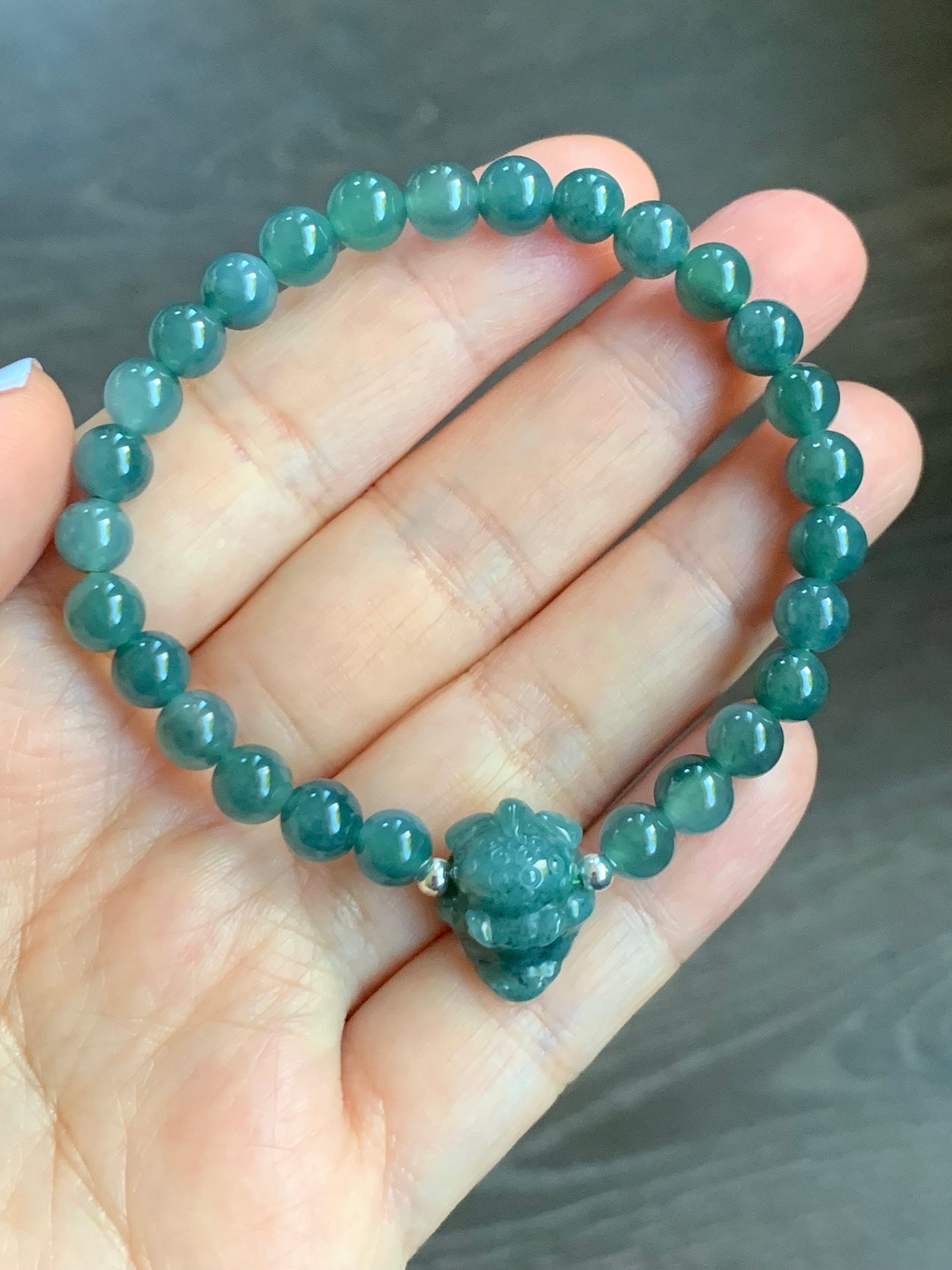 Natural Guatemalan Icy Translucent Dark Teal Blue Jadeite Carved Crocodile Charm Beaded Bracelet 6.75” Sterling Silver 天然冰危蓝水翡翠鳄鱼宝宝圆珠手串