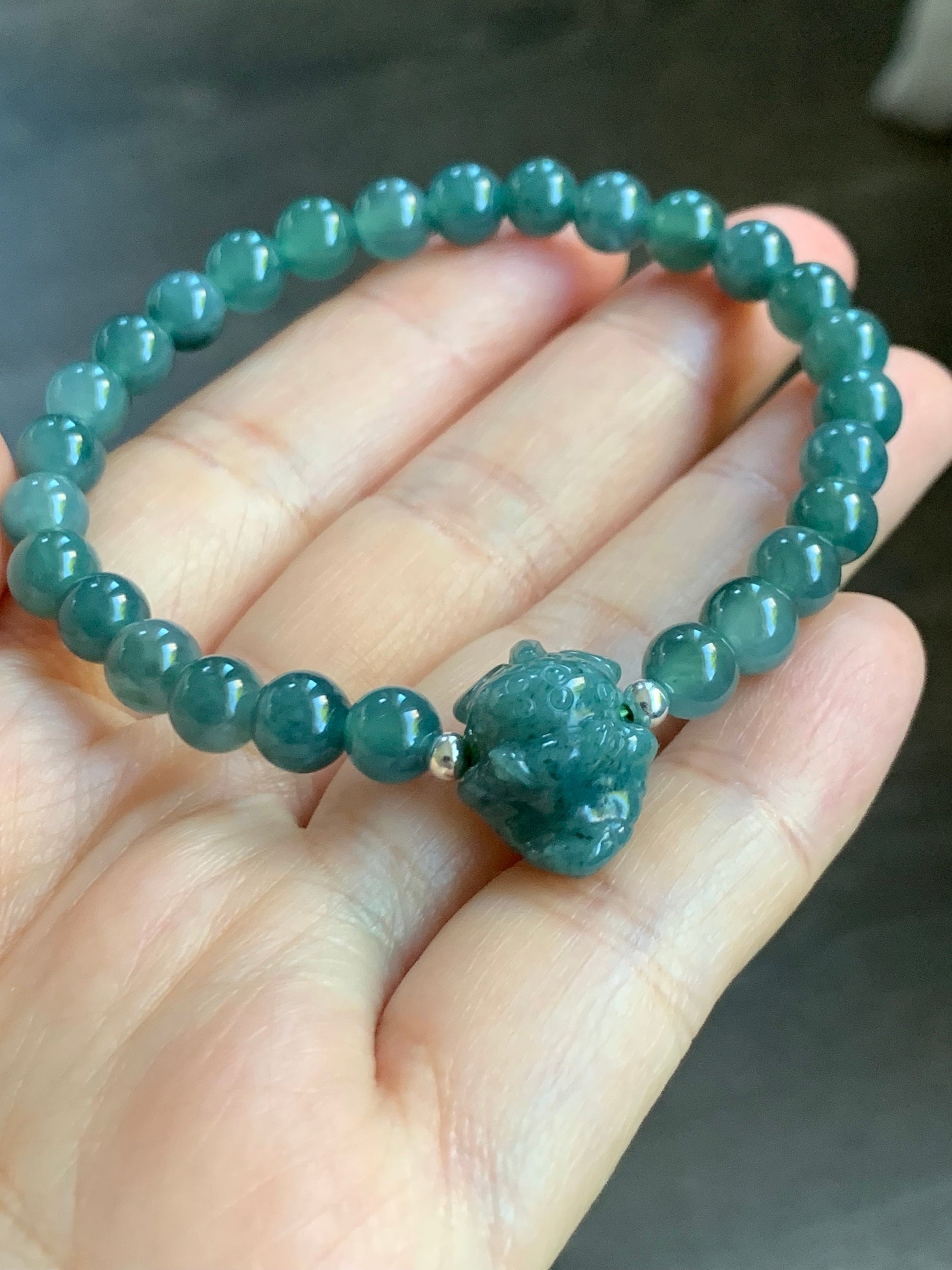 Natural Guatemalan Icy Translucent Dark Teal Blue Jadeite Carved Crocodile Charm Beaded Bracelet 6.75” Sterling Silver 天然冰危蓝水翡翠鳄鱼宝宝圆珠手串