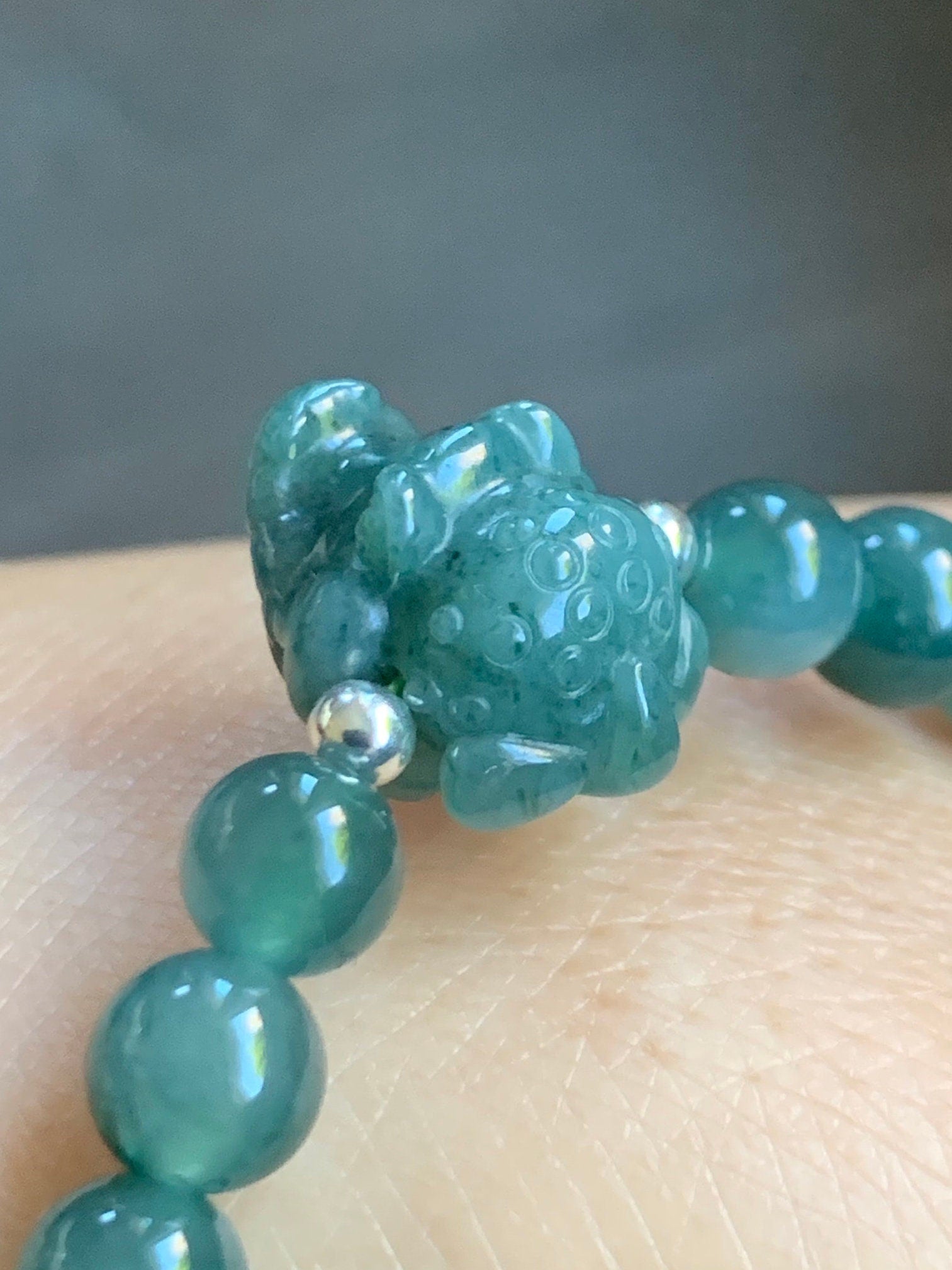 Natural Guatemalan Icy Translucent Dark Teal Blue Jadeite Carved Crocodile Charm Beaded Bracelet 6.75” Sterling Silver 天然冰危蓝水翡翠鳄鱼宝宝圆珠手串