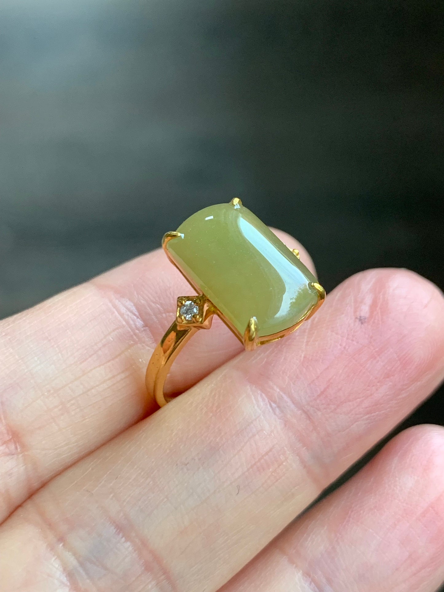 Certified Natural Burmese Icy Translucent Yellow Jadeite Saddle Ring Size 7 18K Yellow Gold & Diamonds 天然老种缅甸冰寿黄翡翠马鞍钻石镶嵌戒指
