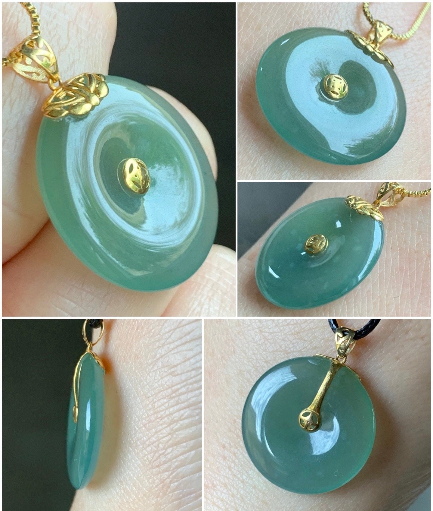 Natural Guatemalan Icy Translucent Teal Green Jadeite Ping An Kou Circle Pendant 18K Yellow Gold Setting 天然冰危冰胶晴绿翡翠平安扣18K镶嵌吊坠
