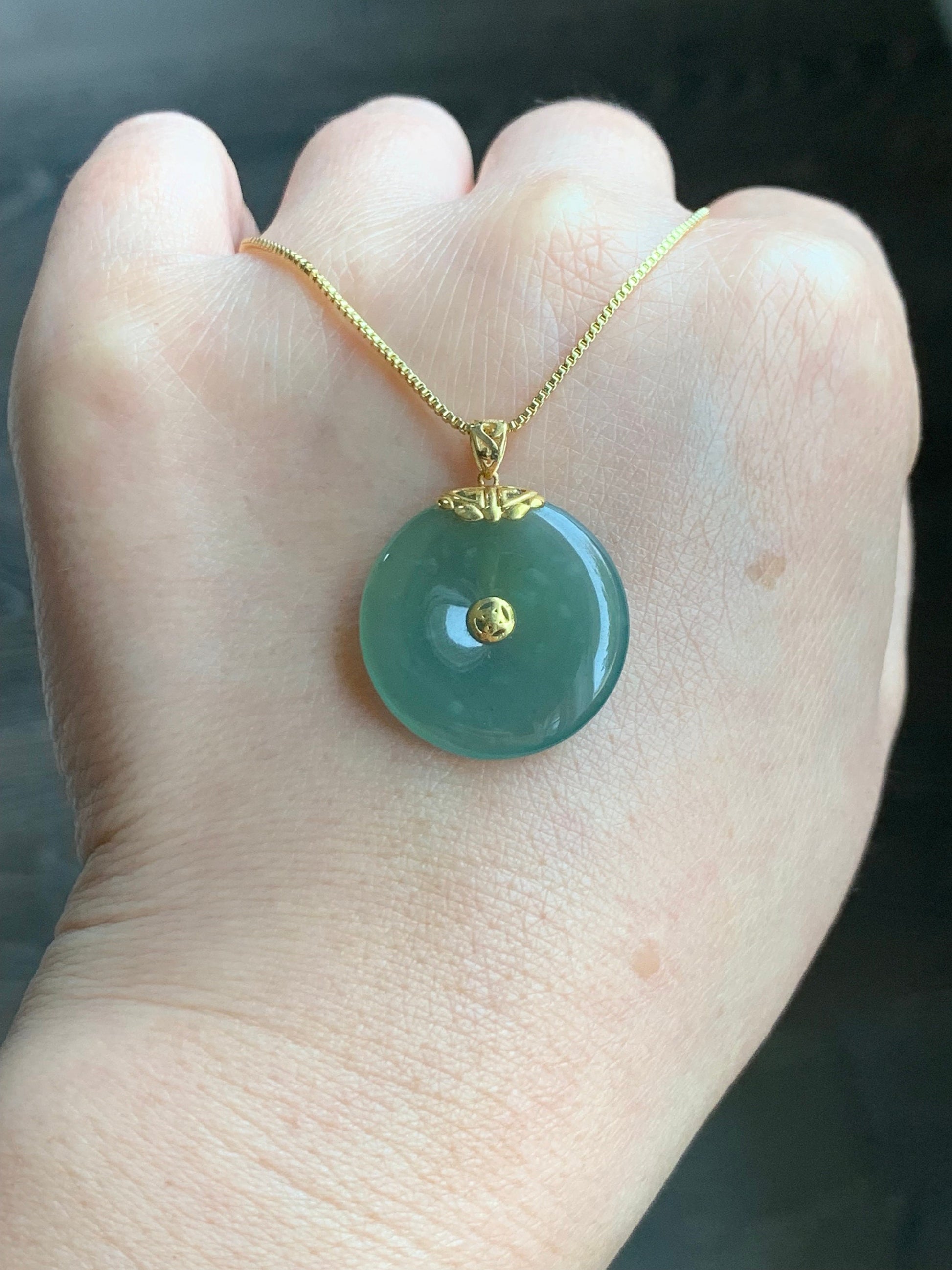 Natural Guatemalan Icy Translucent Teal Green Jadeite Ping An Kou Circle Pendant 18K Yellow Gold Setting 天然冰危冰胶晴绿翡翠平安扣18K镶嵌吊坠