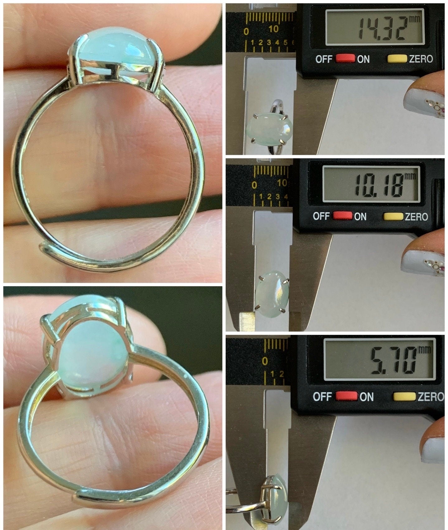 Large Natural Burmese Icy Translucent Gelatinous White Oval Jadeite Green Marbling Solitaire Ring Sterling Silver 天然缅甸冰胶白冰翡翠蛋面银镶戒指 MB100