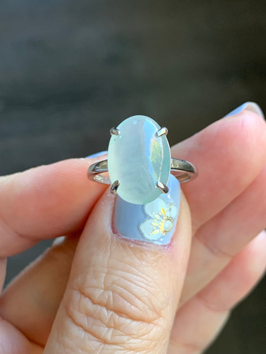Large Natural Burmese Icy Translucent Gelatinous White Oval Jadeite Green Marbling Solitaire Ring Sterling Silver 天然缅甸冰胶白冰翡翠蛋面银镶戒指 MB100