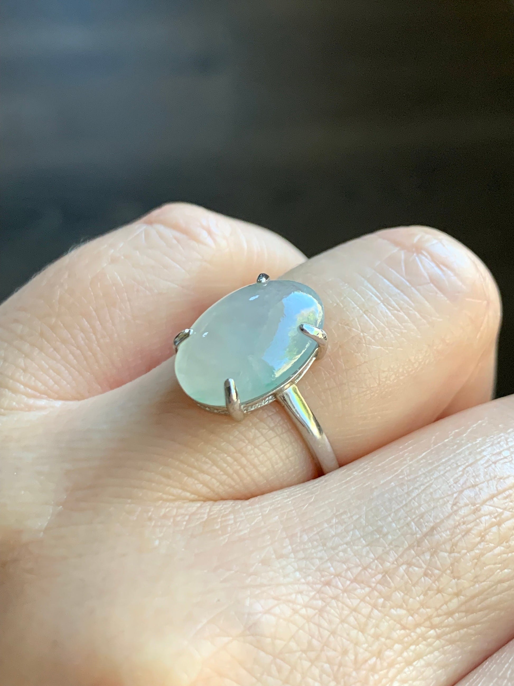 Large Natural Burmese Icy Translucent Gelatinous White Oval Jadeite Green Marbling Solitaire Ring Sterling Silver 天然缅甸冰胶白冰翡翠蛋面银镶戒指 MB100