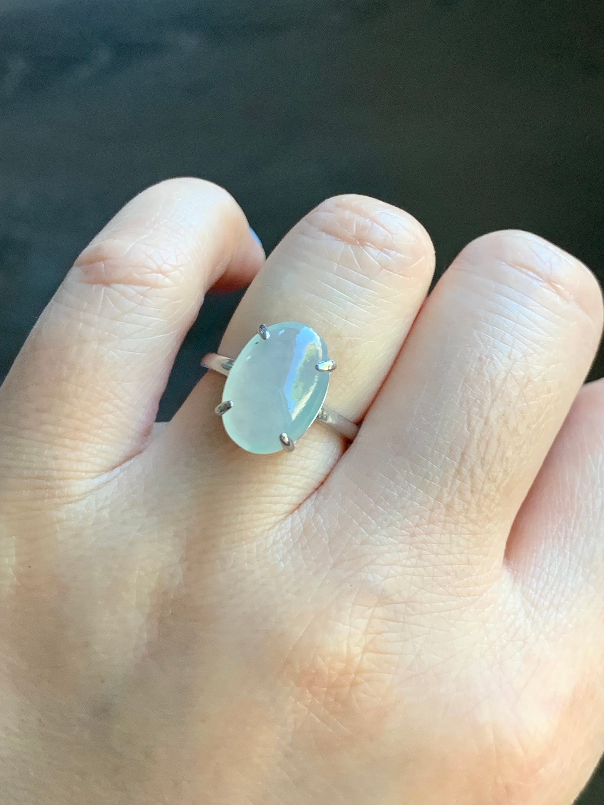Large Natural Burmese Icy Translucent Gelatinous White Oval Jadeite Green Marbling Solitaire Ring Sterling Silver 天然缅甸冰胶白冰翡翠蛋面银镶戒指 MB100