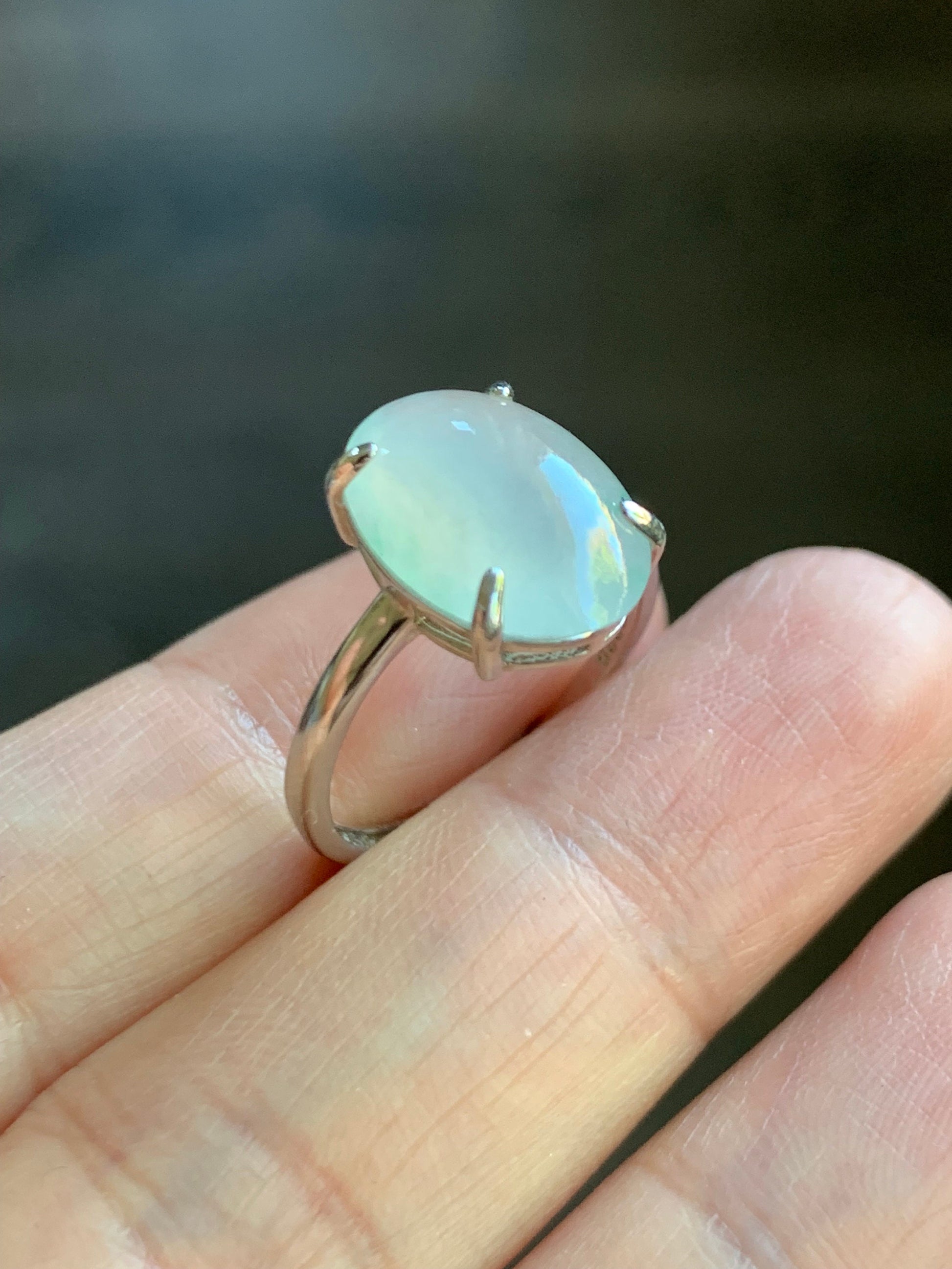 Large Natural Burmese Icy Translucent Gelatinous White Oval Jadeite Green Marbling Solitaire Ring Sterling Silver 天然缅甸冰胶白冰翡翠蛋面银镶戒指 MB100