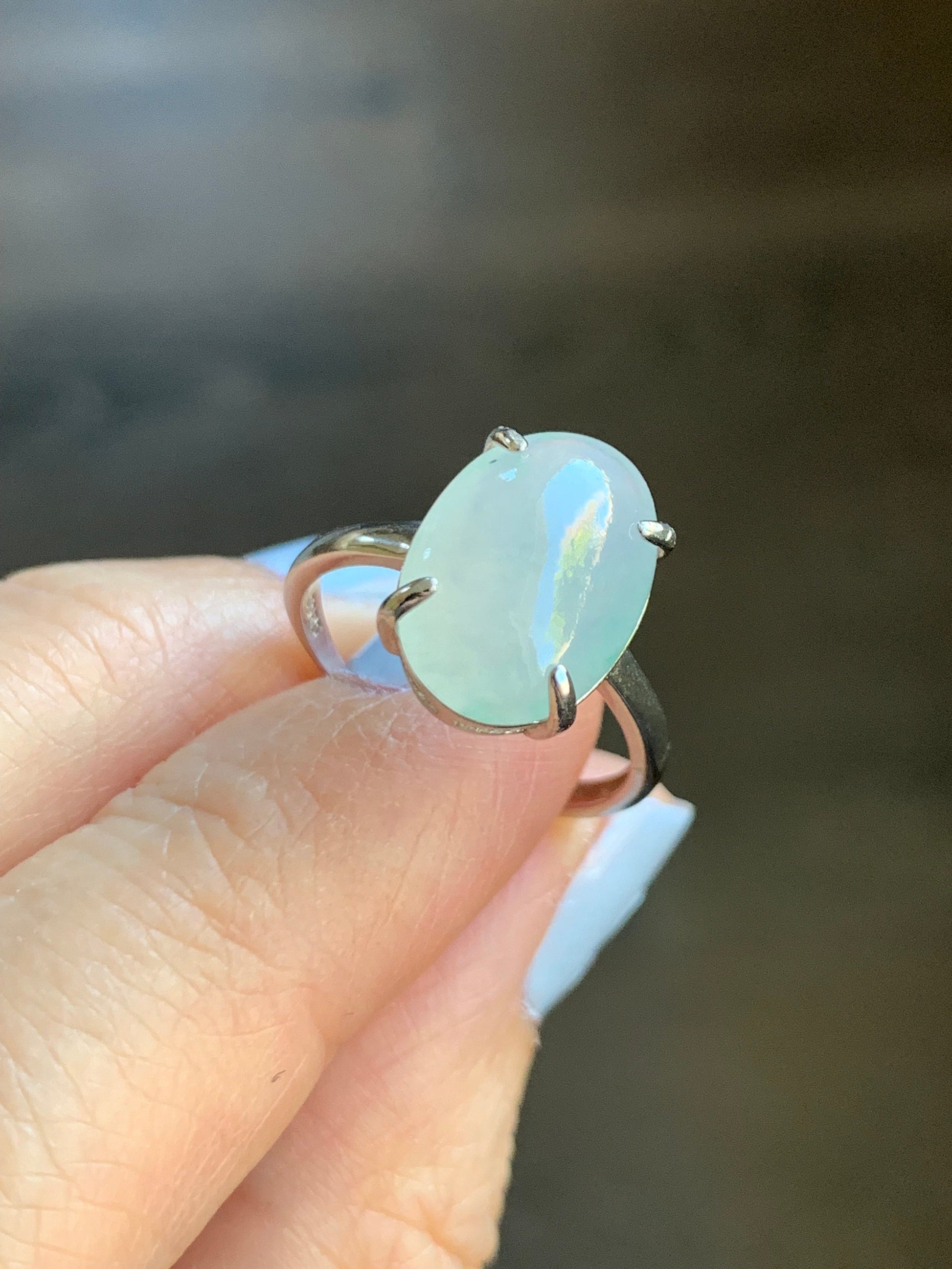 Large Natural Burmese Icy Translucent Gelatinous White Oval Jadeite Green Marbling Solitaire Ring Sterling Silver 天然缅甸冰胶白冰翡翠蛋面银镶戒指 MB100