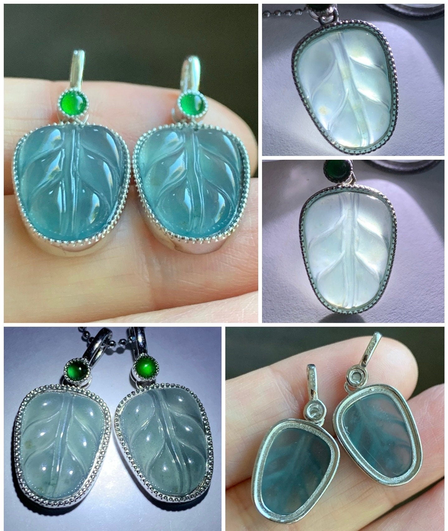 Natural Guatemalan Icy Highly Translucent Light Dusty Blue & Vibrant Green Jadeite Leaf Pendant Sterling Silver 天然冰蓝翡翠大叶有成镶嵌吊坠
