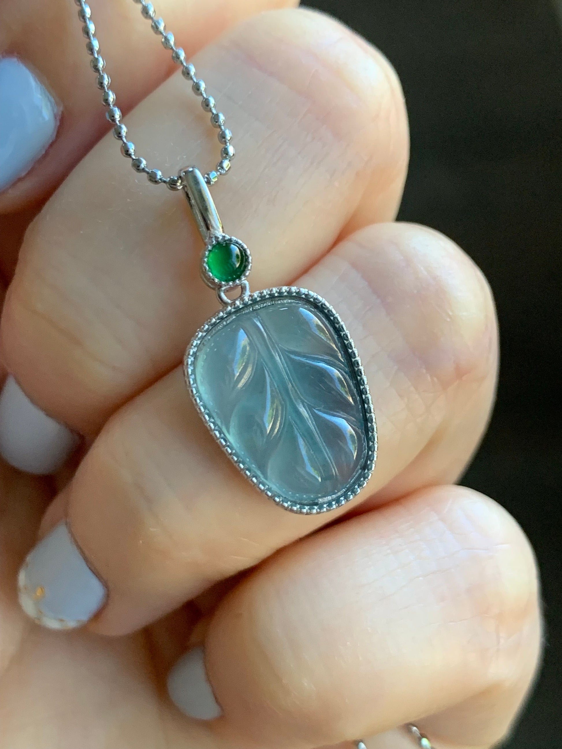 Natural Guatemalan Icy Highly Translucent Light Dusty Blue & Vibrant Green Jadeite Leaf Pendant Sterling Silver 天然冰蓝翡翠大叶有成镶嵌吊坠