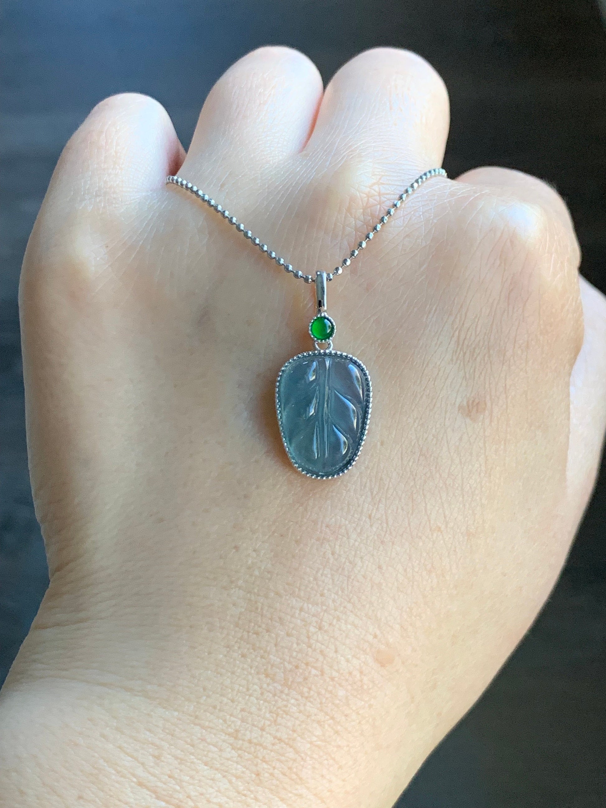 Natural Guatemalan Icy Highly Translucent Light Dusty Blue & Vibrant Green Jadeite Leaf Pendant Sterling Silver 天然冰蓝翡翠大叶有成镶嵌吊坠
